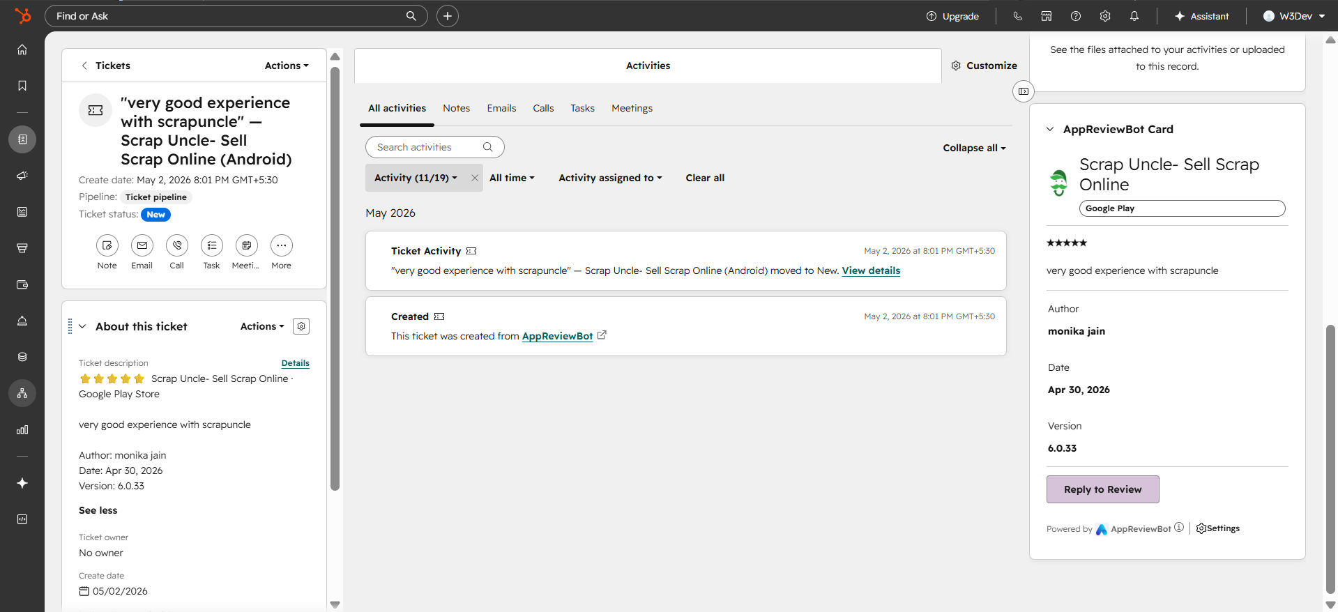 Receive Reviews as Tickets & Reply from Sidebar
