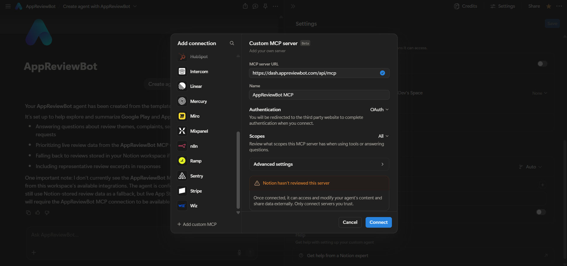 Add a custom AppReviewBot MCP connection