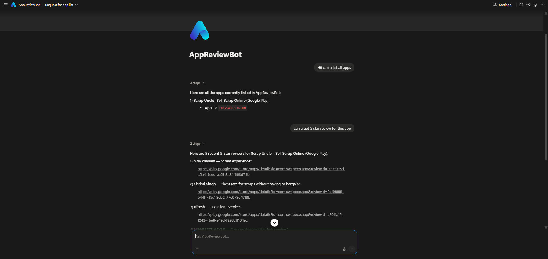 Ask the AppReviewBot AI Agent about apps and reviews