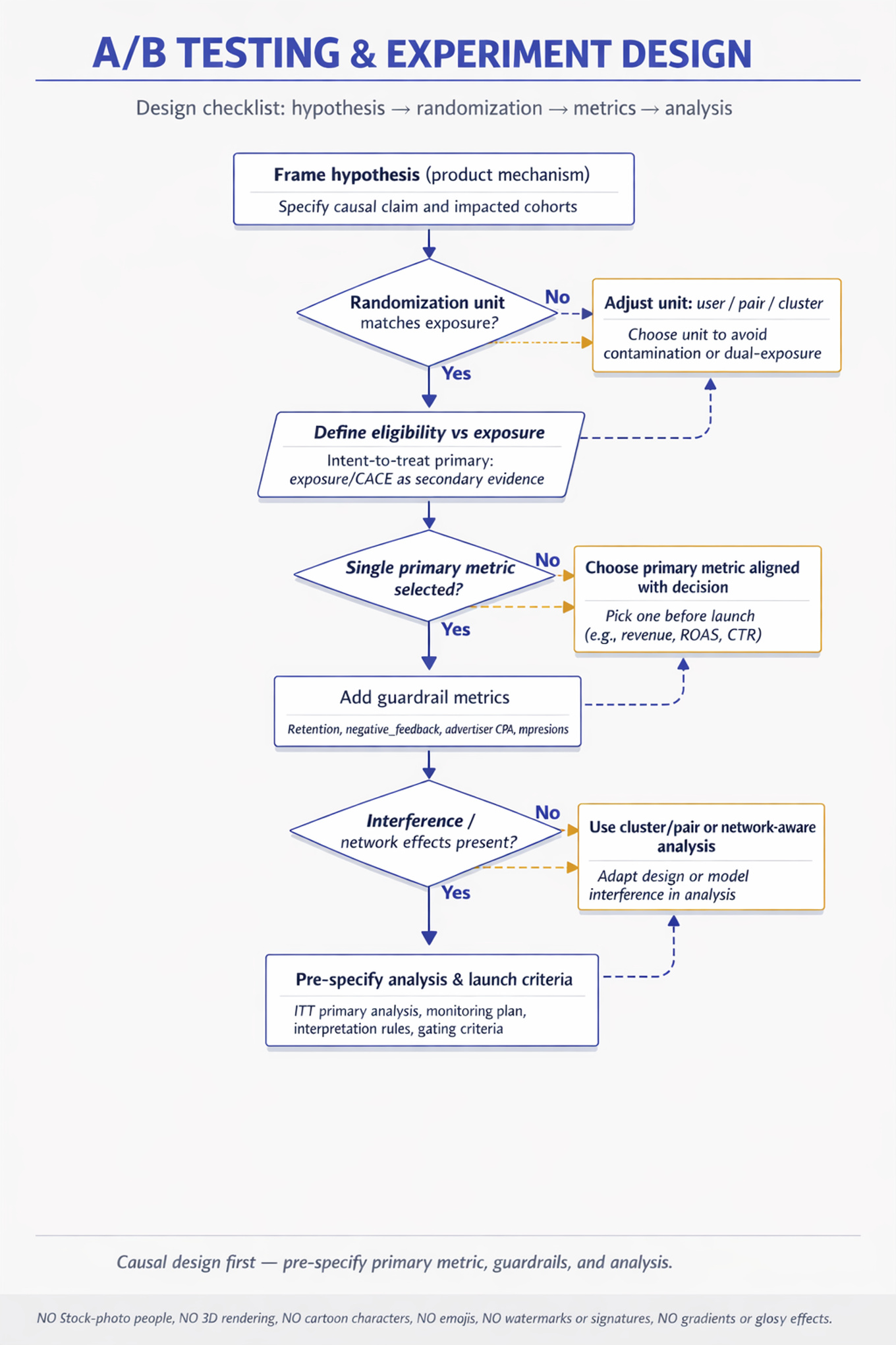 Top-to-bottom decision flowchart for A/B experiment design: hypothesis → randomization unit decision → eligibility vs exposure → primary metric selection → guardrails → interference check → pre-specify analysis and launch criteria.