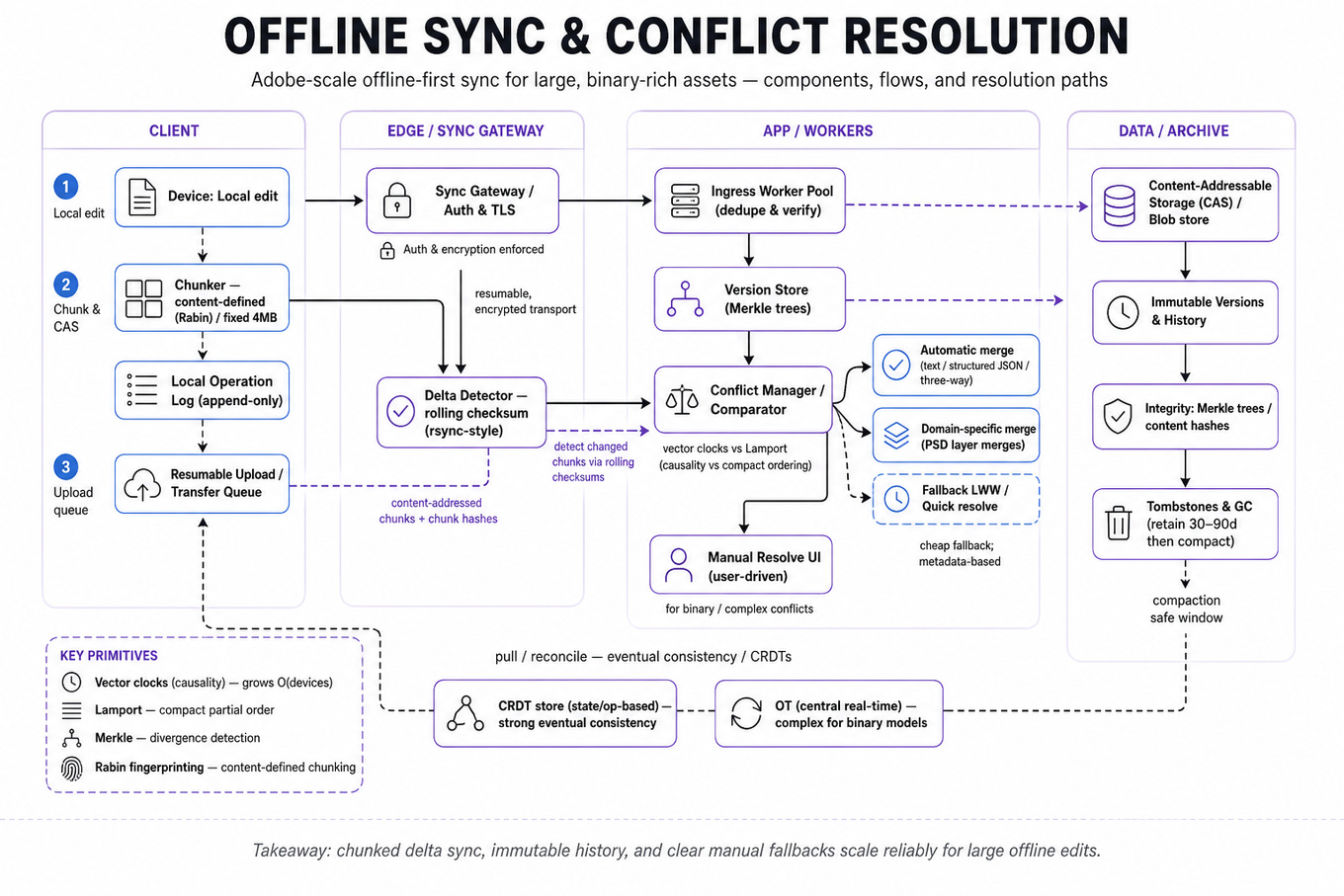 Architecture infographic showing client offline store, local op log, chunking, resumable uploads to Sync Gateway, server-side conflict manager, CRDT/LWW/manual resolution, Merkle version store, tombstone GC.