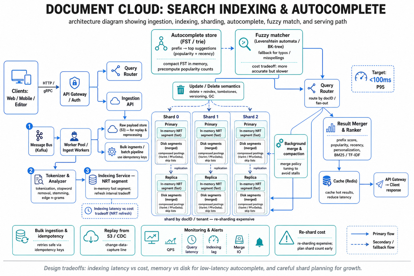 Landscape architecture infographic of a document search system: ingestion (Kafka, S3), indexing pipeline (tokenizer, NRT in-memory segment, disk segments), shards & replicas, FST autocomplete, fuzzy matcher, query path and merge/compaction, with arrows and short labels.