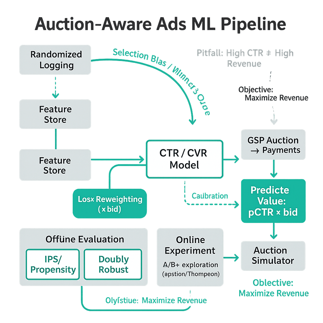 Diagram of auction-aware ads ML pipeline: logged biased data → model (pCTR/pCVR) + calibration + loss reweighting → pCTR×bid → GSP auction ranking → payments, with counterfactual eval and online experiment feedback loop.
