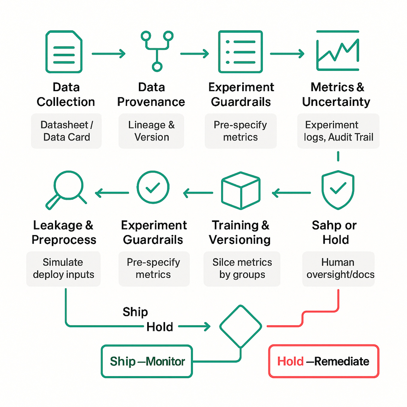 Square flow diagram of an ML lifecycle showing data provenance, leakage checks, experiment guardrails, fairness checks, reproducibility, safety review, and Ship/Hold decision.