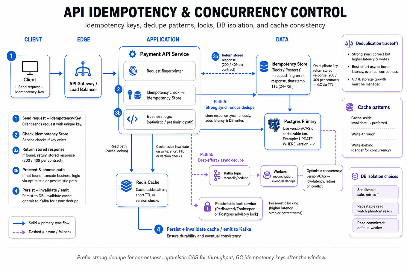 Left-to-right architecture infographic: client → API gateway → service layer that checks an idempotency store, Redis cache, Postgres primary, and Kafka+worker paths; shows optimistic (CAS) vs pessimistic (distributed lock) flows and cache invalidation notes.