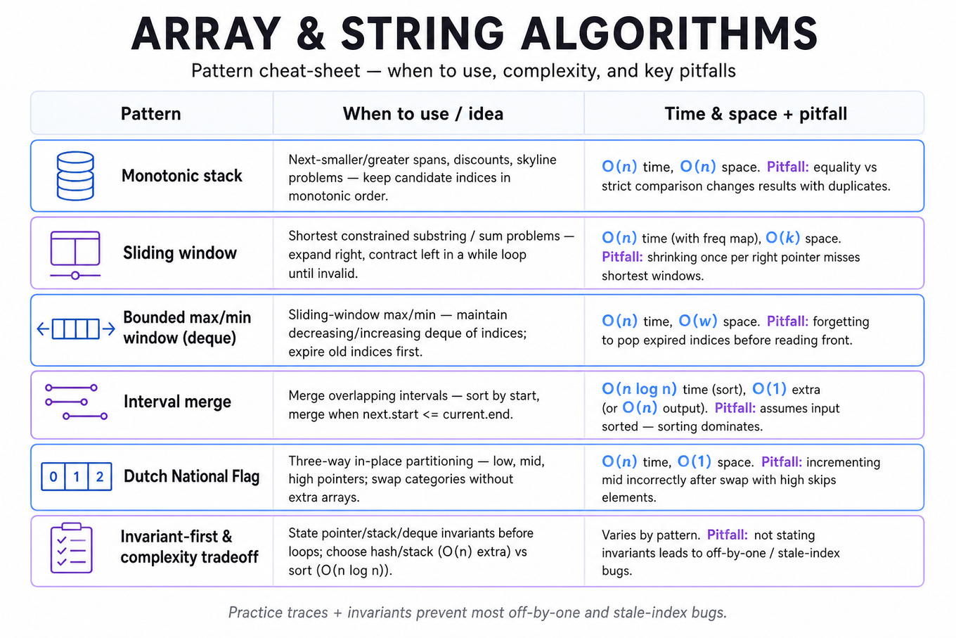Three-column infographic table summarizing six array & string algorithm patterns with when-to-use guidance, time/space, and common pitfalls.