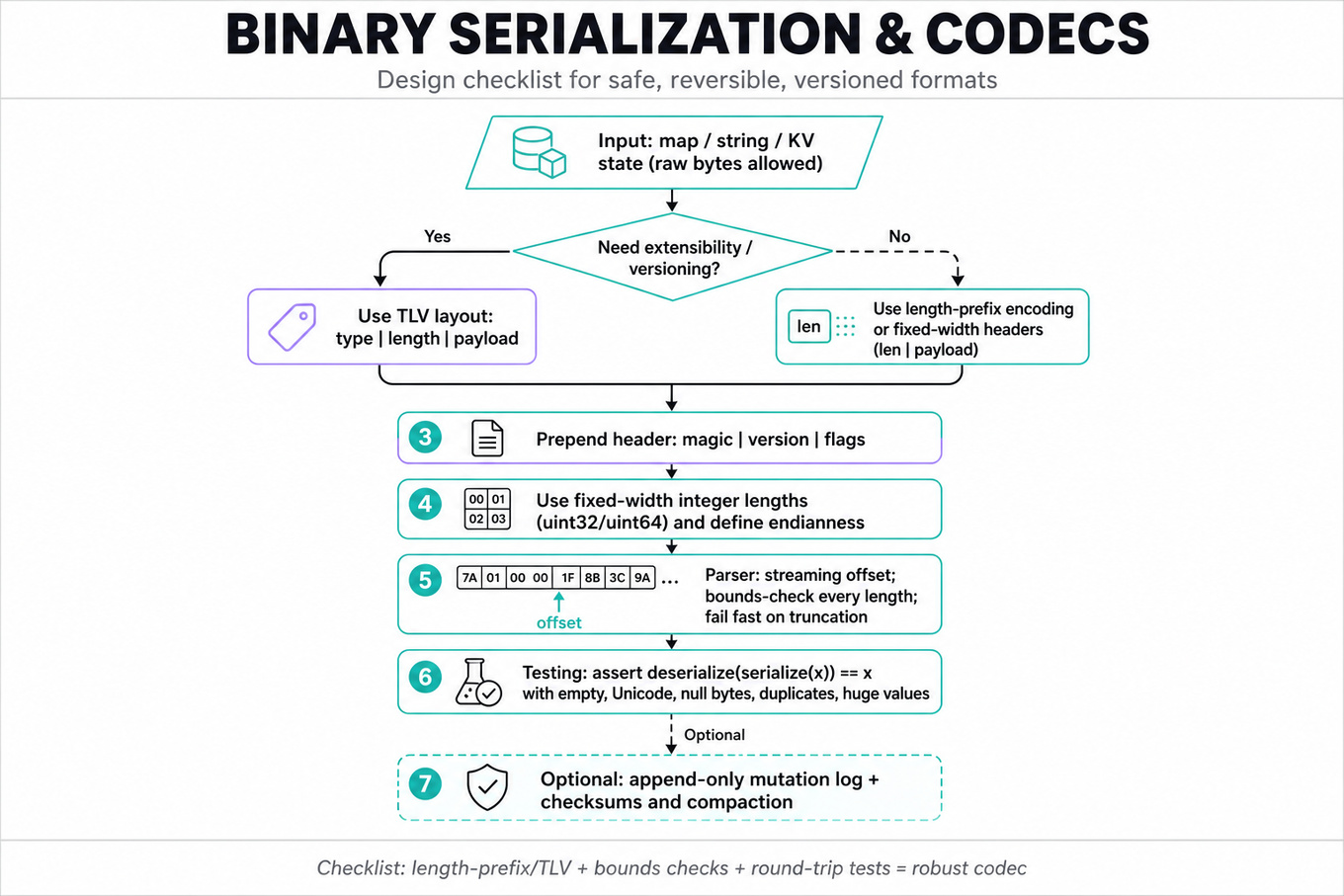 Top-to-bottom flowchart for designing binary-safe codecs: choose TLV vs length-prefix, add magic/version header, parser bounds-checks, streaming offset, round-trip tests, optional checksums.