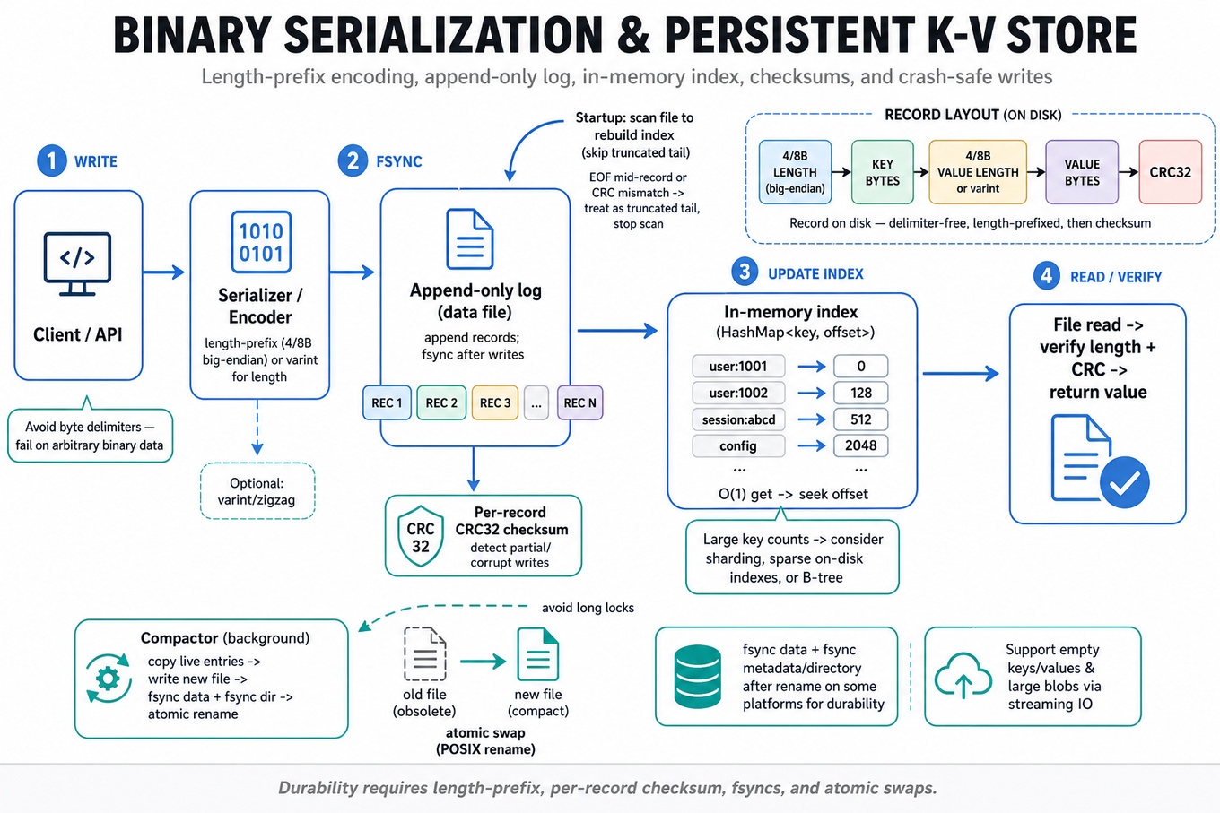 Clean boxes-and-arrows infographic showing client -> serializer -> append-only log file + checksum, in-memory HashMap index mapping keys to offsets, recovery scan, fsync + atomic rename compaction flow.