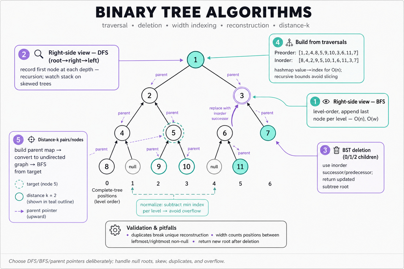 Editorial infographic: a labeled binary tree diagram with highlighted right-side view nodes, DFS/BFS callouts, a deletion replacement arrow, width-index numbers under nodes, a small preorder+inorder build callout, and a distance-k parent/BFS callout.