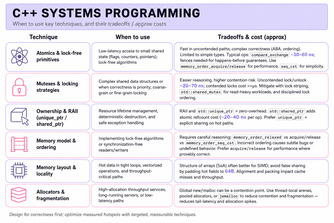 Editorial infographic table comparing C++ systems techniques (Atomics, Mutexes, RAII, Memory model, Layout, Allocators) with when to use each and tradeoffs/costs.
