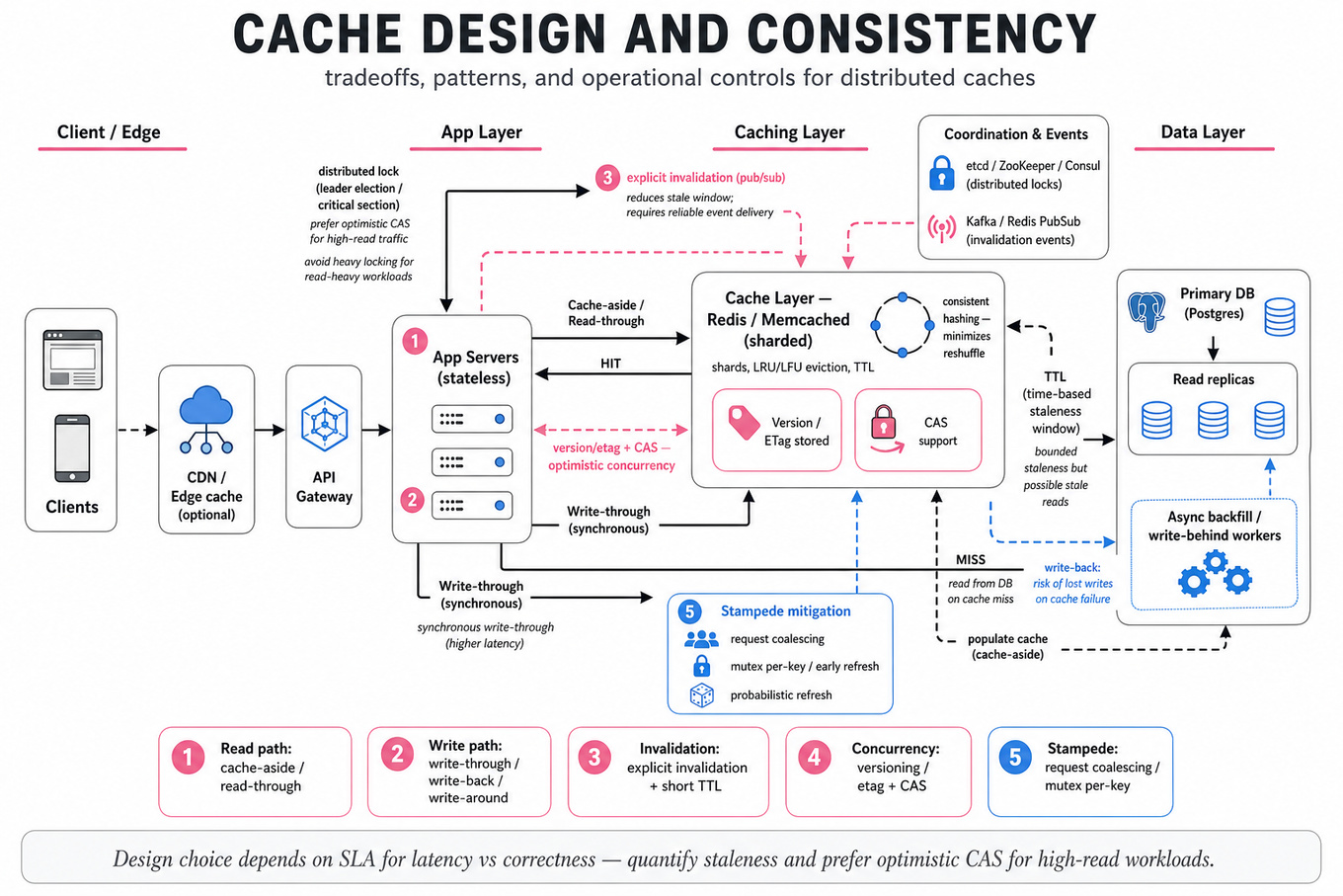 Landscape infographic showing a layered architecture: clients → API gateway → app servers → Redis cache cluster (sharded) → Postgres primary + replicas, with arrows for read/write paths, invalidation (pub/sub), CAS/versioning, distributed locks and stampede-mitigation notes.