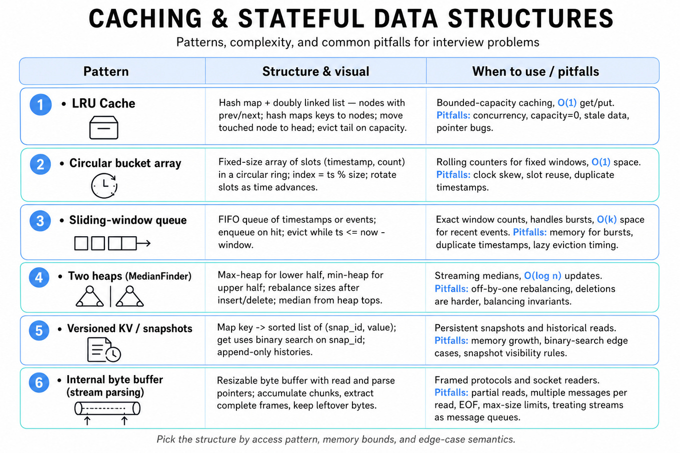 Three-column infographic table comparing six stateful data-structure patterns (LRU, circular bucket, sliding-window queue, two-heaps, versioned KV, byte buffer) with structure, uses, and pitfalls.
