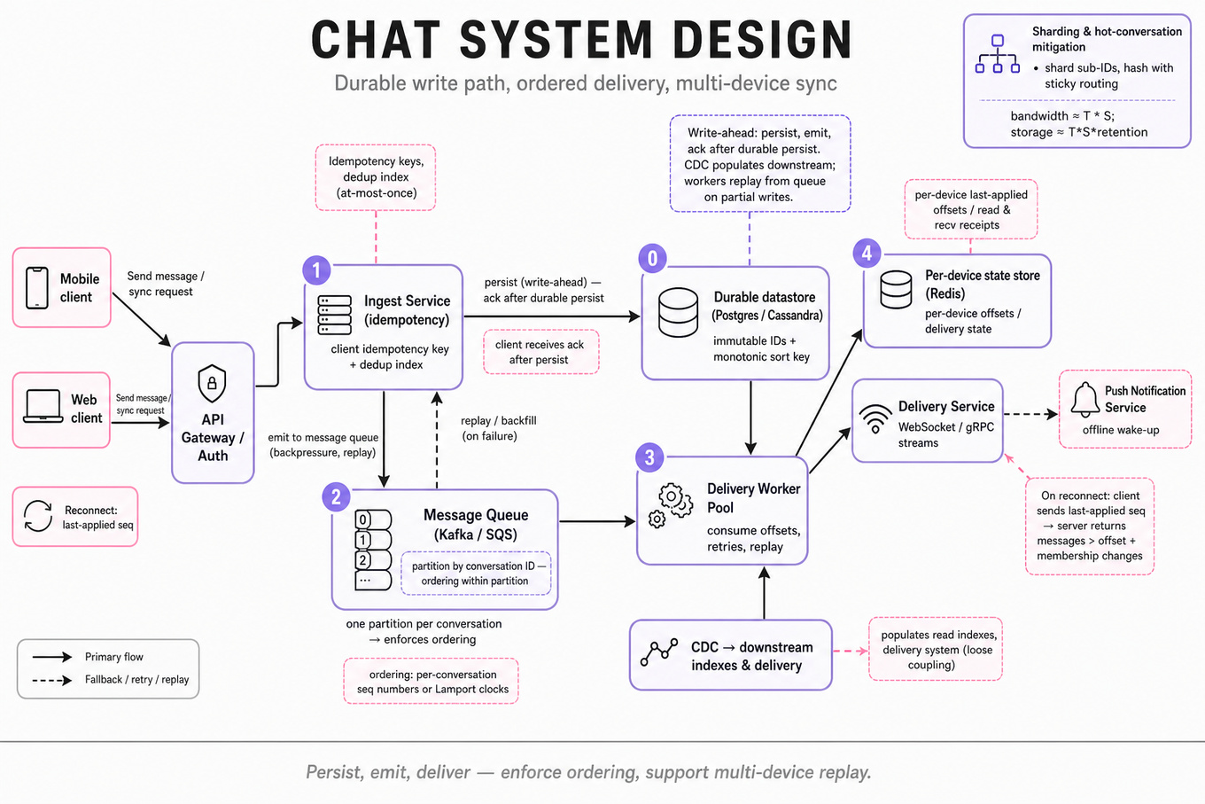 Left-to-right architecture infographic of a chat messaging pipeline: clients → API gateway → ingest/persist → Kafka topic → delivery workers → per-device state with WebSocket/gRPC and push notifications; CDC and dedup index shown; partitioning/ordering noted.