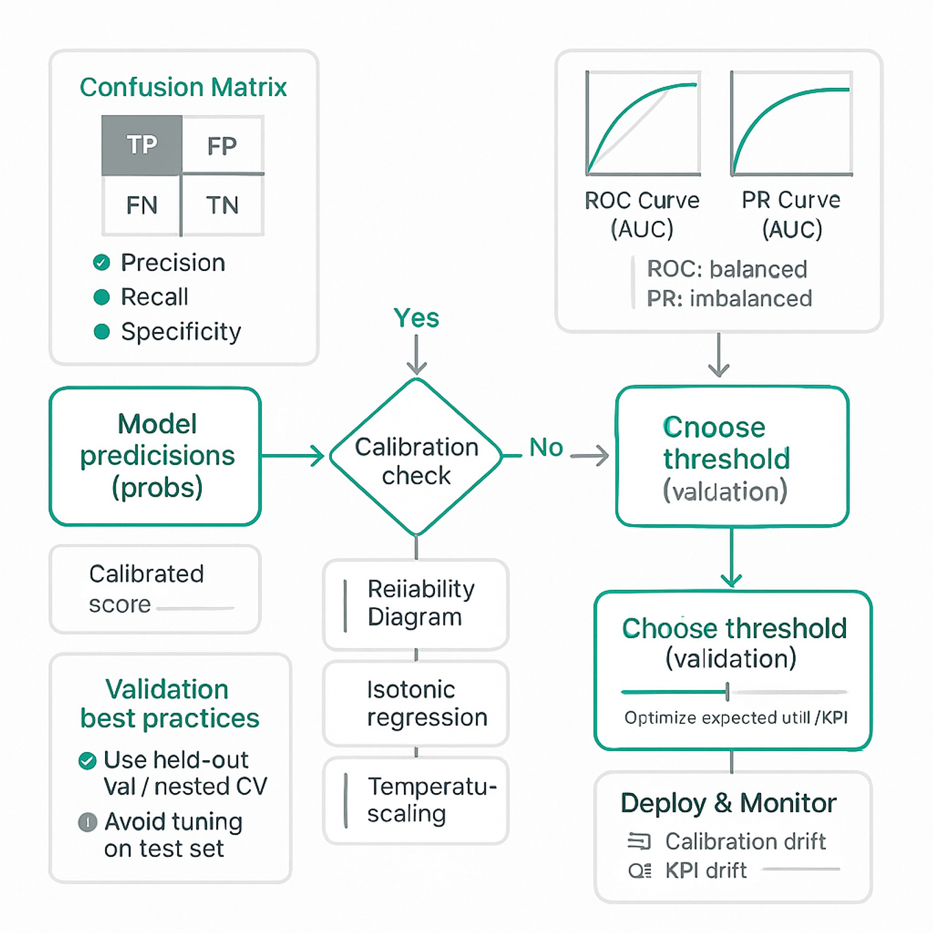 Square educational diagram: pipeline for classifier evaluation showing confusion matrix, ROC/PR plots, reliability diagram, calibration methods, threshold sweep, and monitoring.