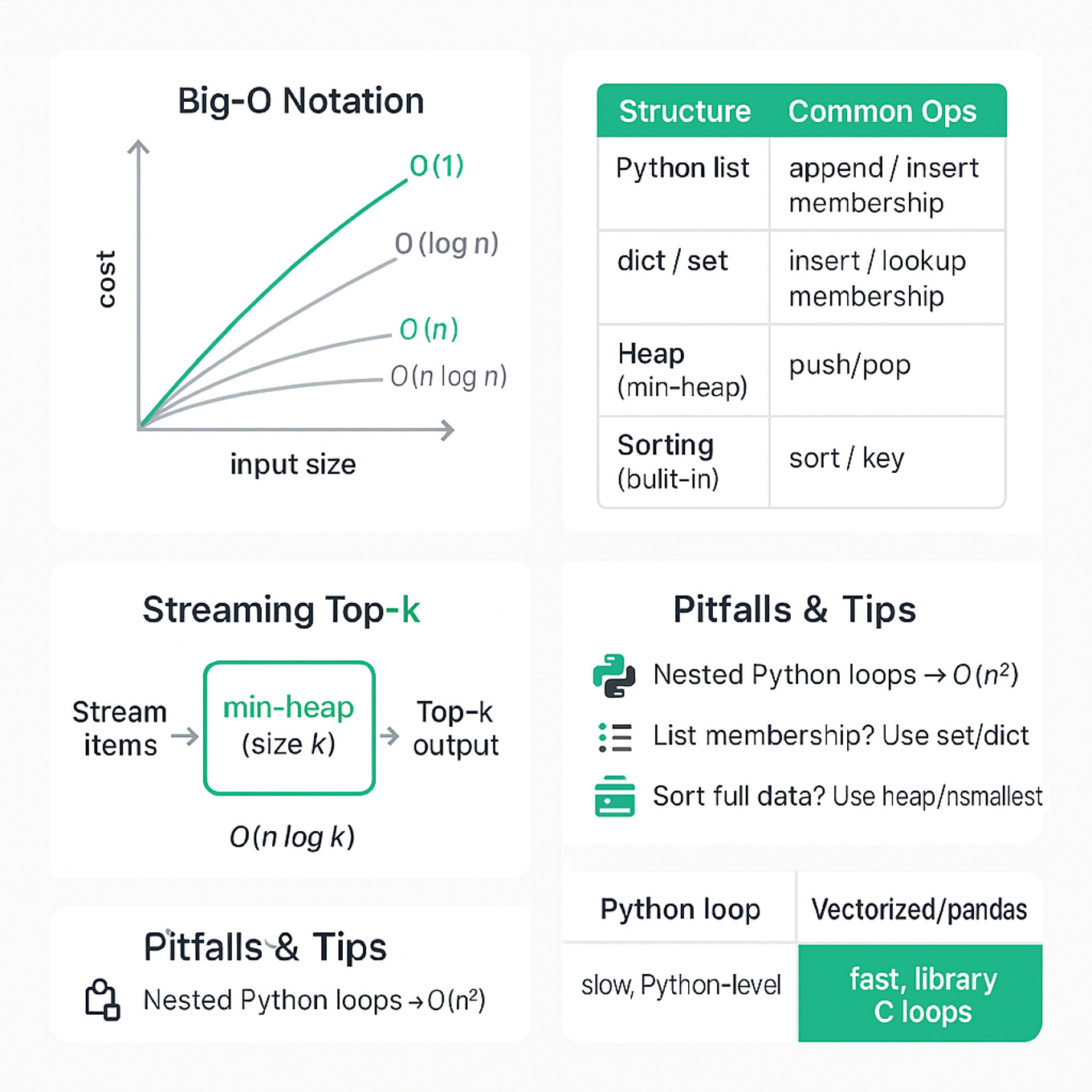 Square educational diagram: Big-O growth curves, Python data-structure complexity table, heap top‑k sketch, and common pitfalls with vectorize vs loops tip.