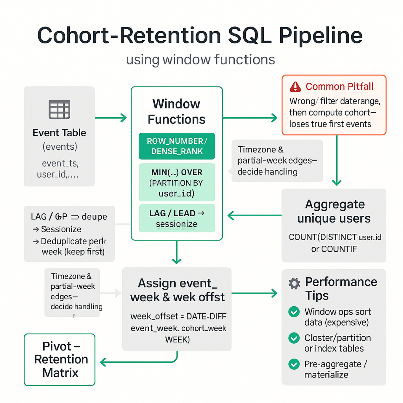Flowchart showing event table → window functions (ROW_NUMBER, MIN(...) OVER, LAG/LEAD) → dedupe/sessionize → compute cohort_week & week_offset → aggregate unique users → pivot to retention matrix, plus warnings about timezone and wrong filtering order.