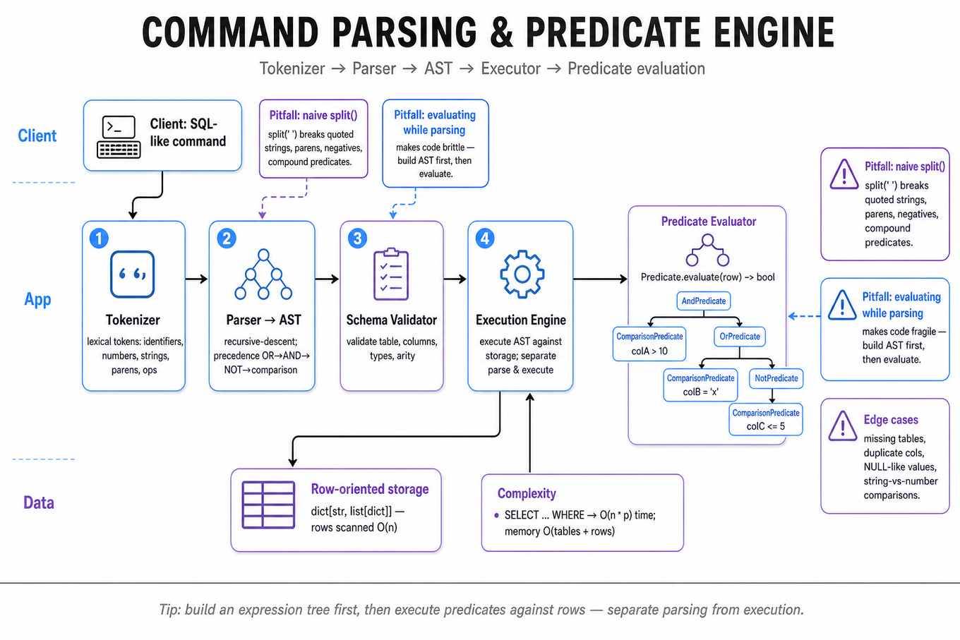 Clean architecture diagram showing command flow: Client → Tokenizer → Parser → Schema validator → Executor and Predicate evaluator accessing row-oriented storage; operator dispatch table connected to predicate evaluator; pitfalls and complexity callouts.