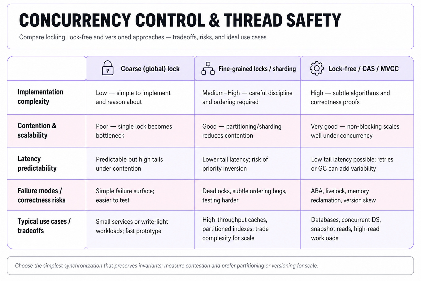 Three-column editorial comparison table contrasting Coarse (global) locks, Fine-grained locks/sharding, and Lock-free/CAS/MVCC across complexity, scalability, latency, failure modes, and typical use cases.