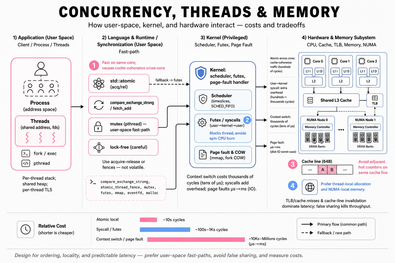 Left-to-right architecture infographic showing application threads -> runtime/synchronization -> kernel (futex, scheduler, page fault) -> hardware (CPU cores, caches, TLB, NUMA, RAM) with arrows and latency callouts.