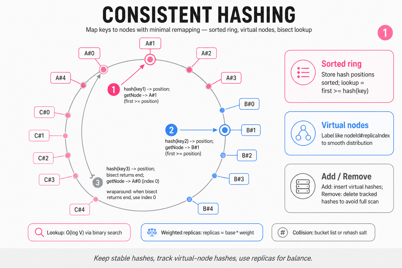 Clean infographic of a consistent-hashing ring: circular hash ring with virtual-node points, hashed keys mapping clockwise to nodes, annotations for bisect lookup, virtual nodes, add/remove behavior and complexity notes.