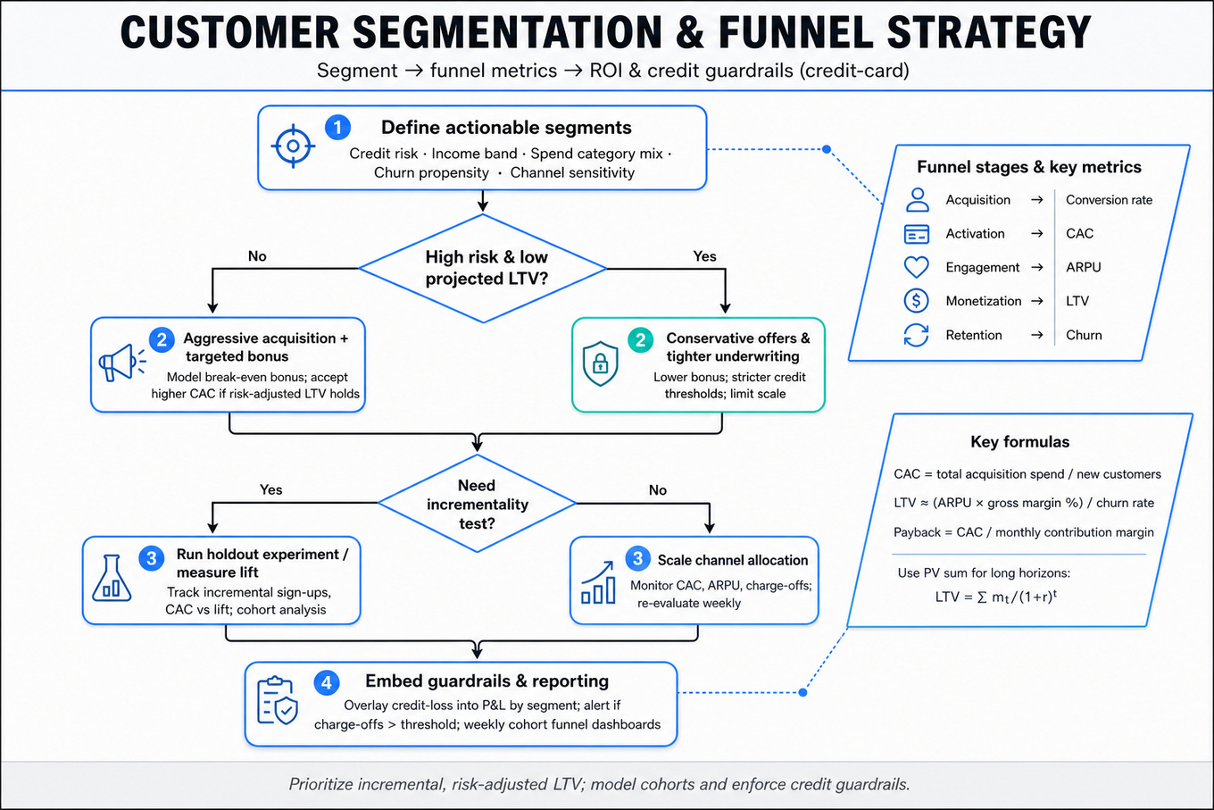 Top-to-bottom decision flowchart showing steps: define actionable customer segments, decision on high-risk vs low-risk, acquisition actions, experiment holdouts, scaling, and guardrails; with side callouts listing funnel stages and key formulas (CAC, LTV, payback).