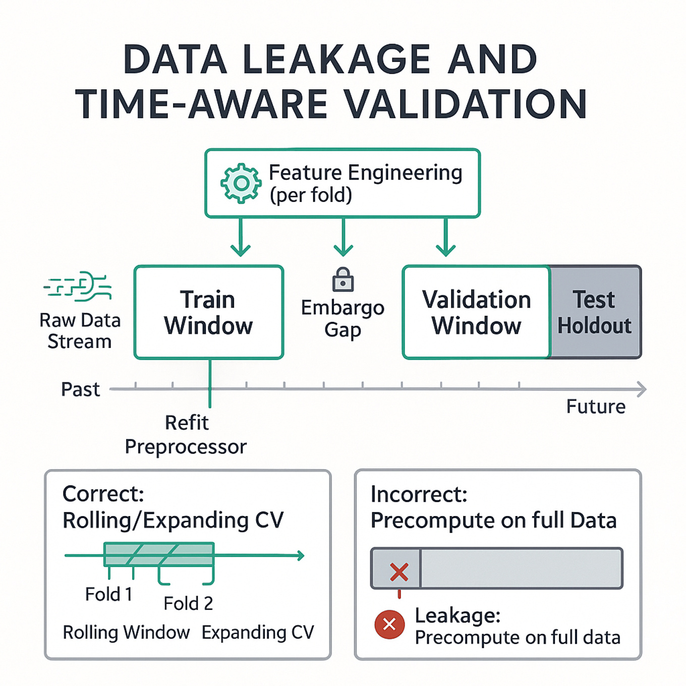 Timeline diagram showing train, embargo, validation, and final holdout windows; feature engineering refit per fold; rolling/expanding CV insets; incorrect full-data precompute leakage highlighted.
