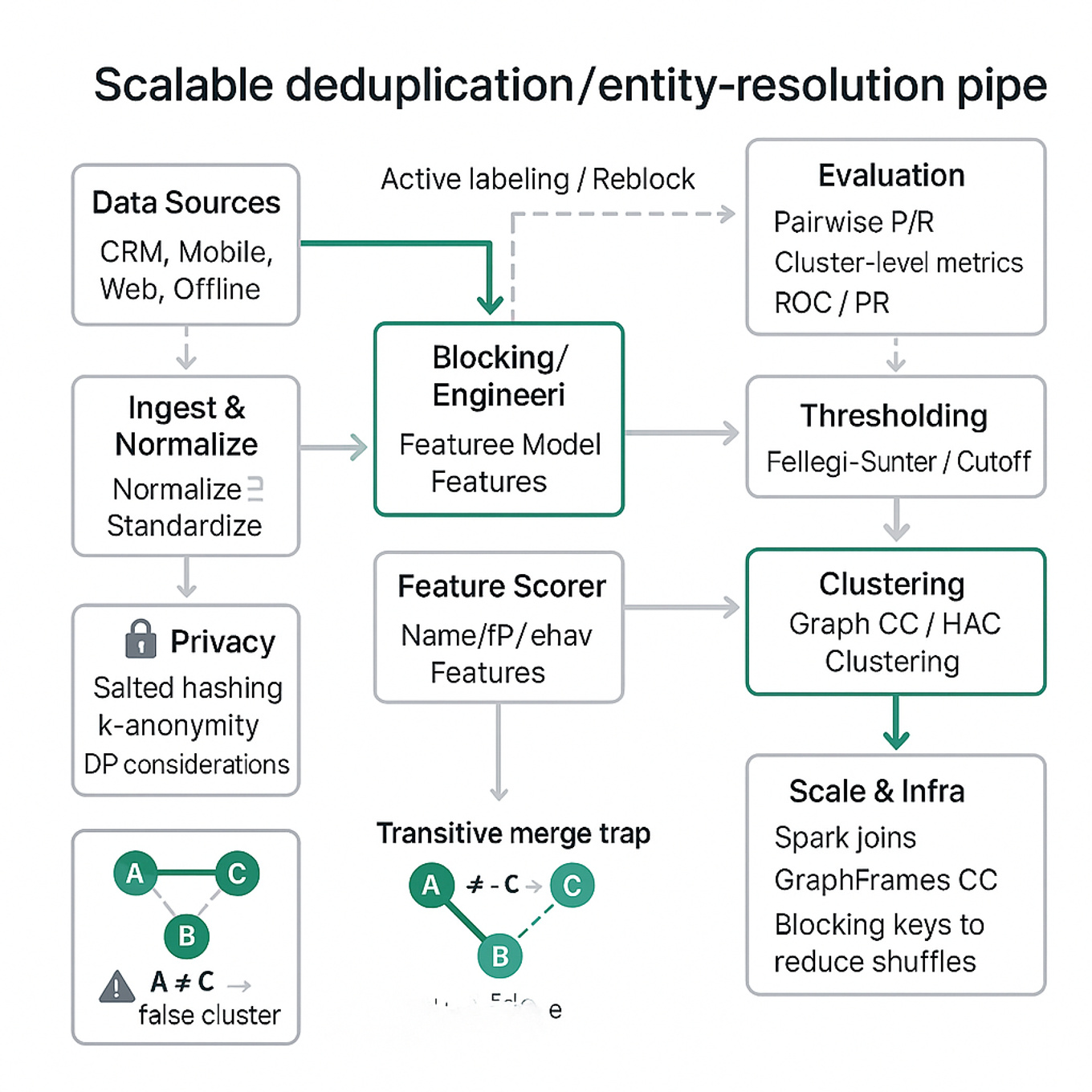 Square diagram of entity-resolution pipeline: data sources → blocking/indexing → candidate pairs → feature engineering → pairwise scorer → threshold → clustering → canonical merge, with infra and evaluation annotations.