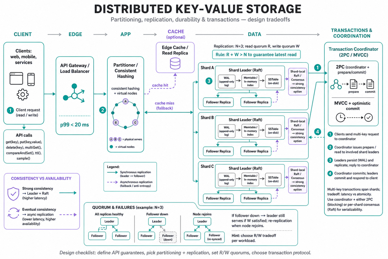 Architecture infographic showing client/API gateway, consistent-hashing ring, shards with leader/follower replicas, WAL+memtable storage, Raft consensus, transaction coordinator (2PC/MVCC), cache, and read/write flows with R/W/N quorum labels.