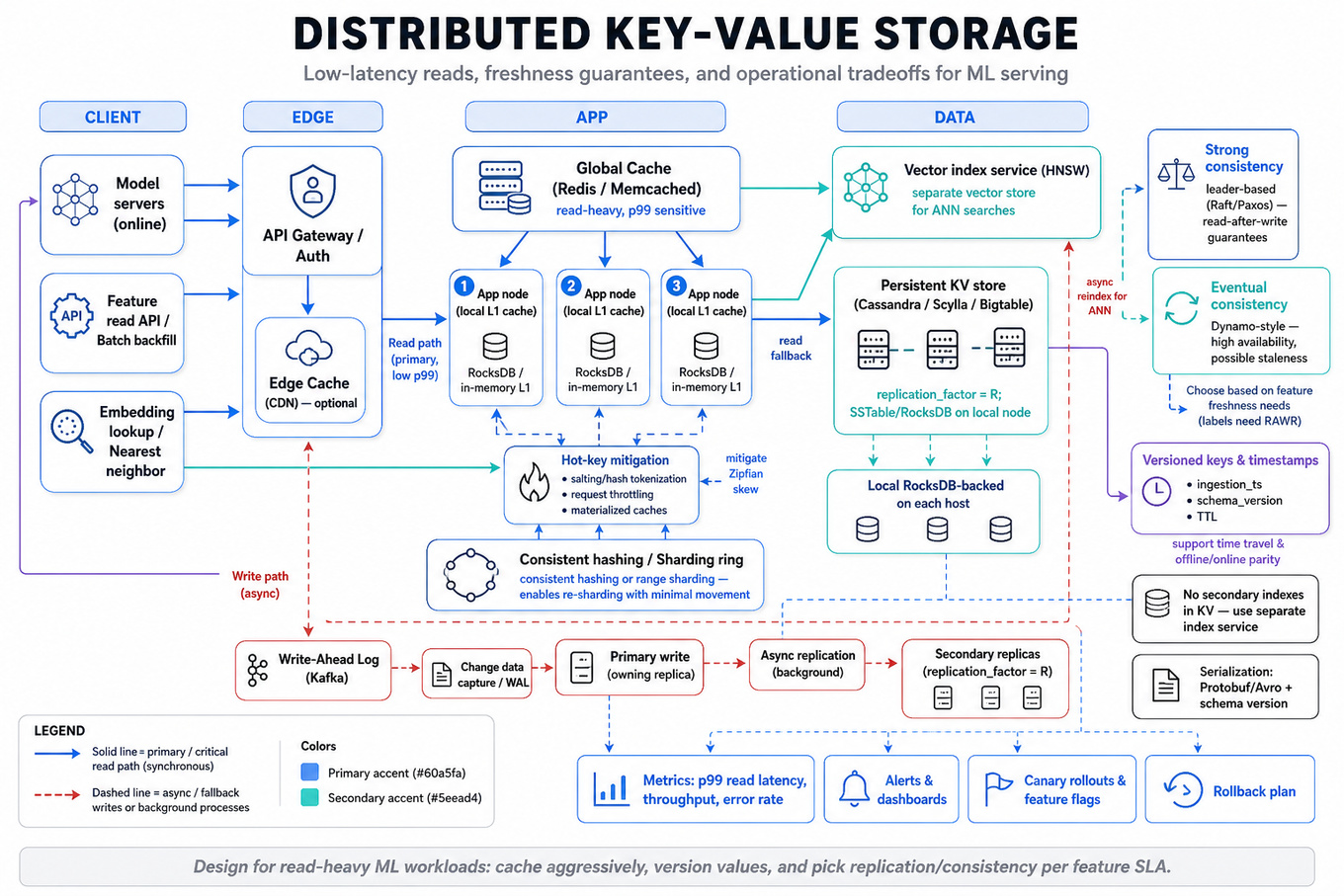 Editorial architecture infographic showing a distributed key-value store: clients, API gateway, edge cache, per-node cache, global cache (Redis), consistent-hashed shards, RocksDB + Cassandra store, vector index (HNSW), replication/consistency choices, hot-key mitigation, and monitoring/rollout.