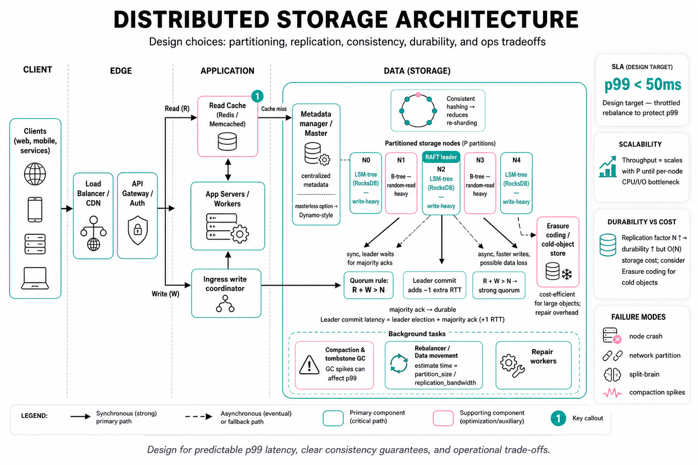 Left-to-right infographic of a distributed storage architecture: clients → edge (LB, API gateway) → app tier (cache, app servers) → storage tier (metadata manager, partitioned storage nodes with consistent-hash ring, Raft leader/followers, LSM vs B-tree nodes), with arrows for sync/async replication