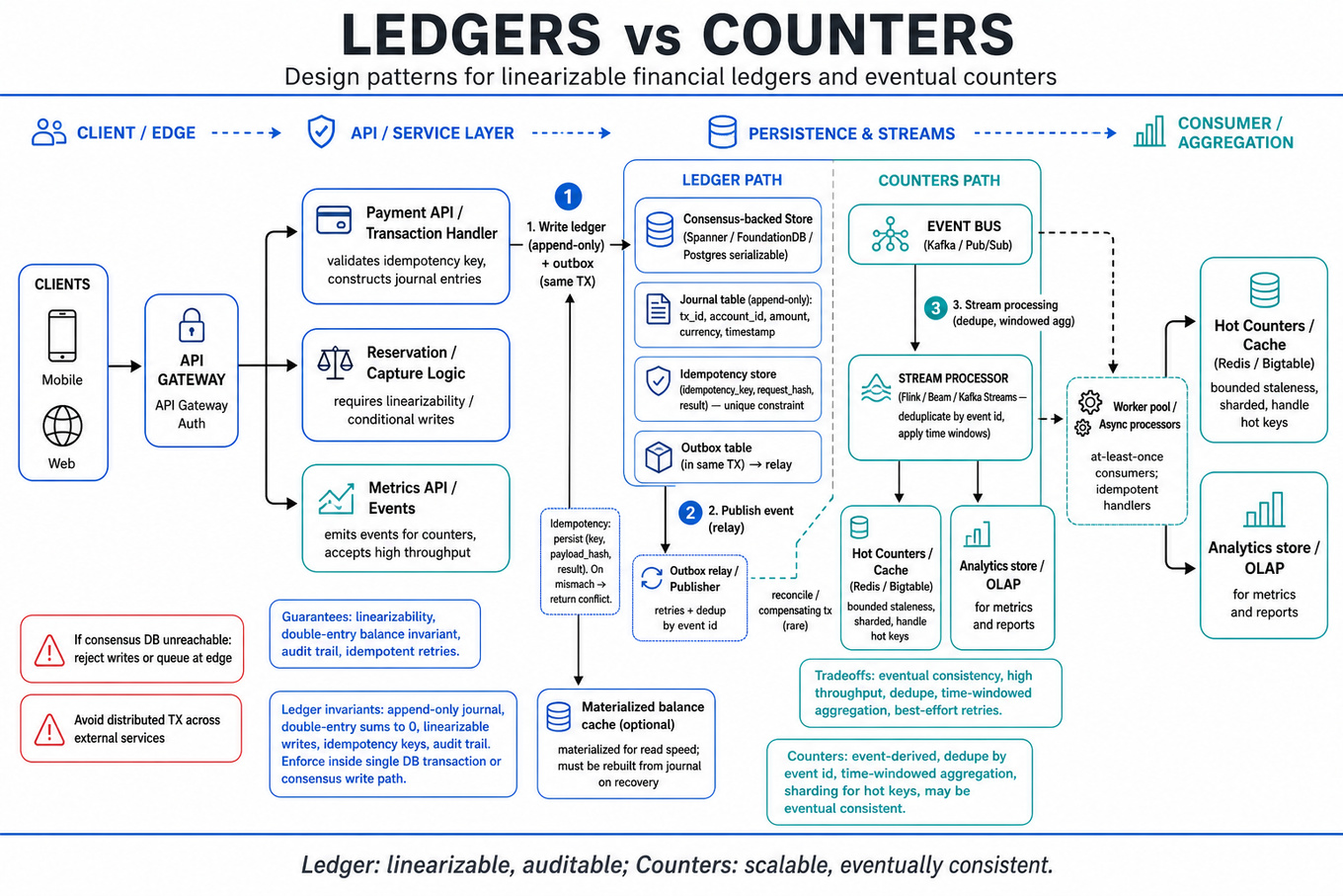 Architecture infographic showing split paths: strong-consistency ledger (append-only DB, idempotency store, outbox, consensus DB) vs eventual counters (event bus, stream processing, cache, aggregator), arrows and callouts.