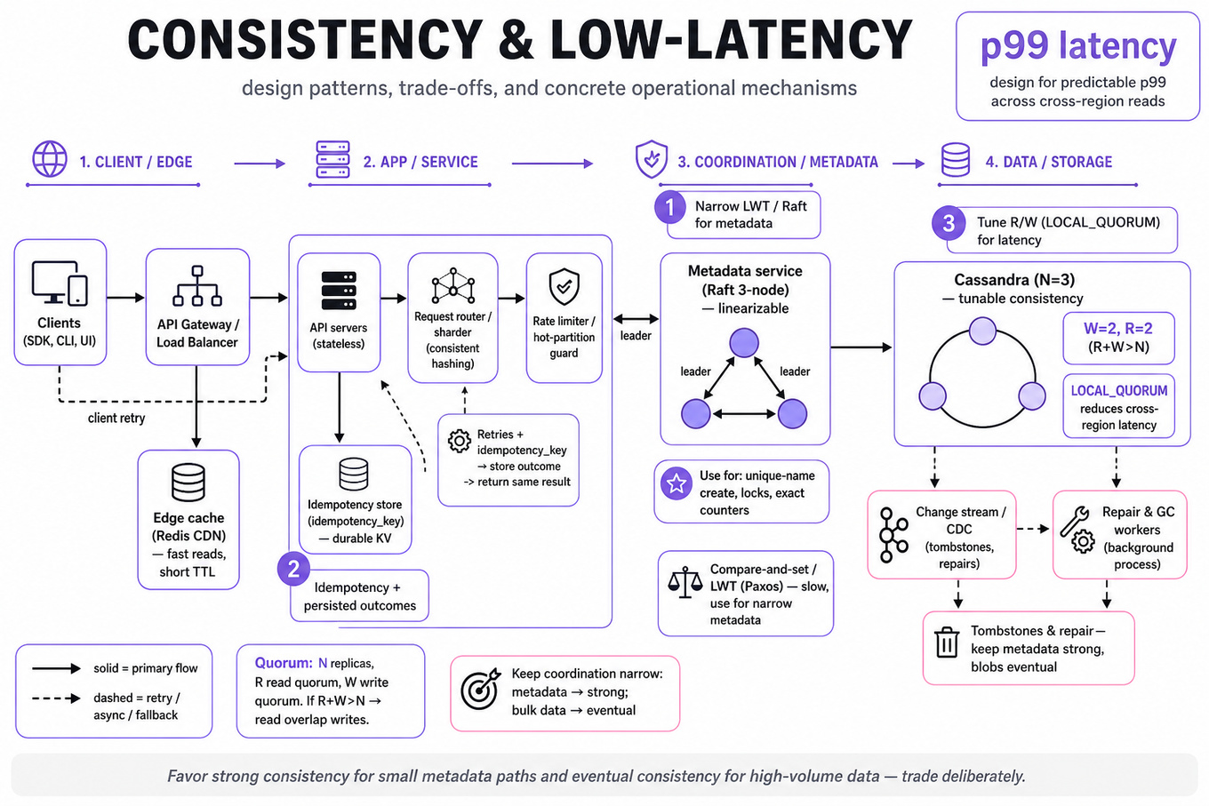 Landscape infographic architecture: client → API gateway → app layer with strong-consistency metadata (Raft) and low-latency data path (Cassandra), cross-region replication, idempotency store, retry flows, and metrics callouts.