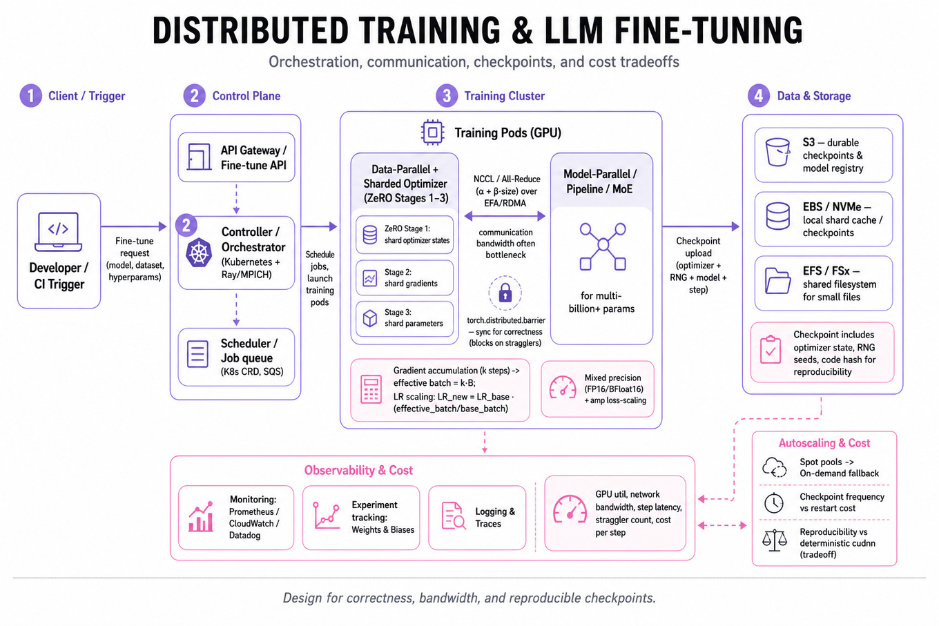Landscape editorial infographic architecture diagram showing layers for distributed training and LLM fine‑tuning: CI/API -> orchestrator/scheduler -> GPU training pods (ZeRO stages, model- vs data-parallel) -> storage (S3, EBS, EFS) -> observability and autoscaling, with arrows and callouts for netw
