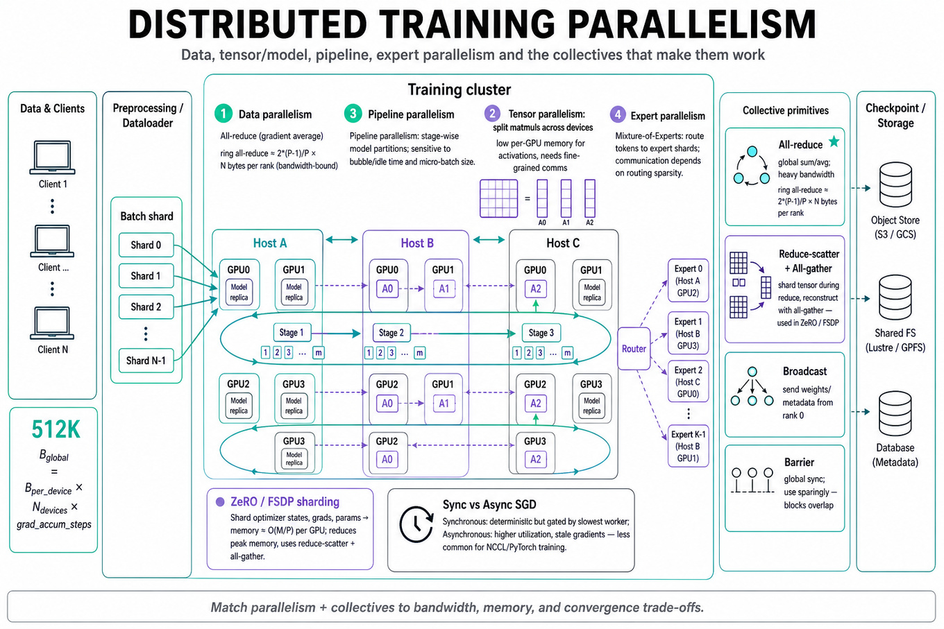 Landscape infographic showing a distributed training cluster: client/data -> three host boxes with GPUs, examples of data/tensor/pipeline/expert parallelism and labeled collectives (all-reduce, reduce-scatter + all-gather, broadcast, barrier), ZeRO sharding note, and a small global-batch formula cal