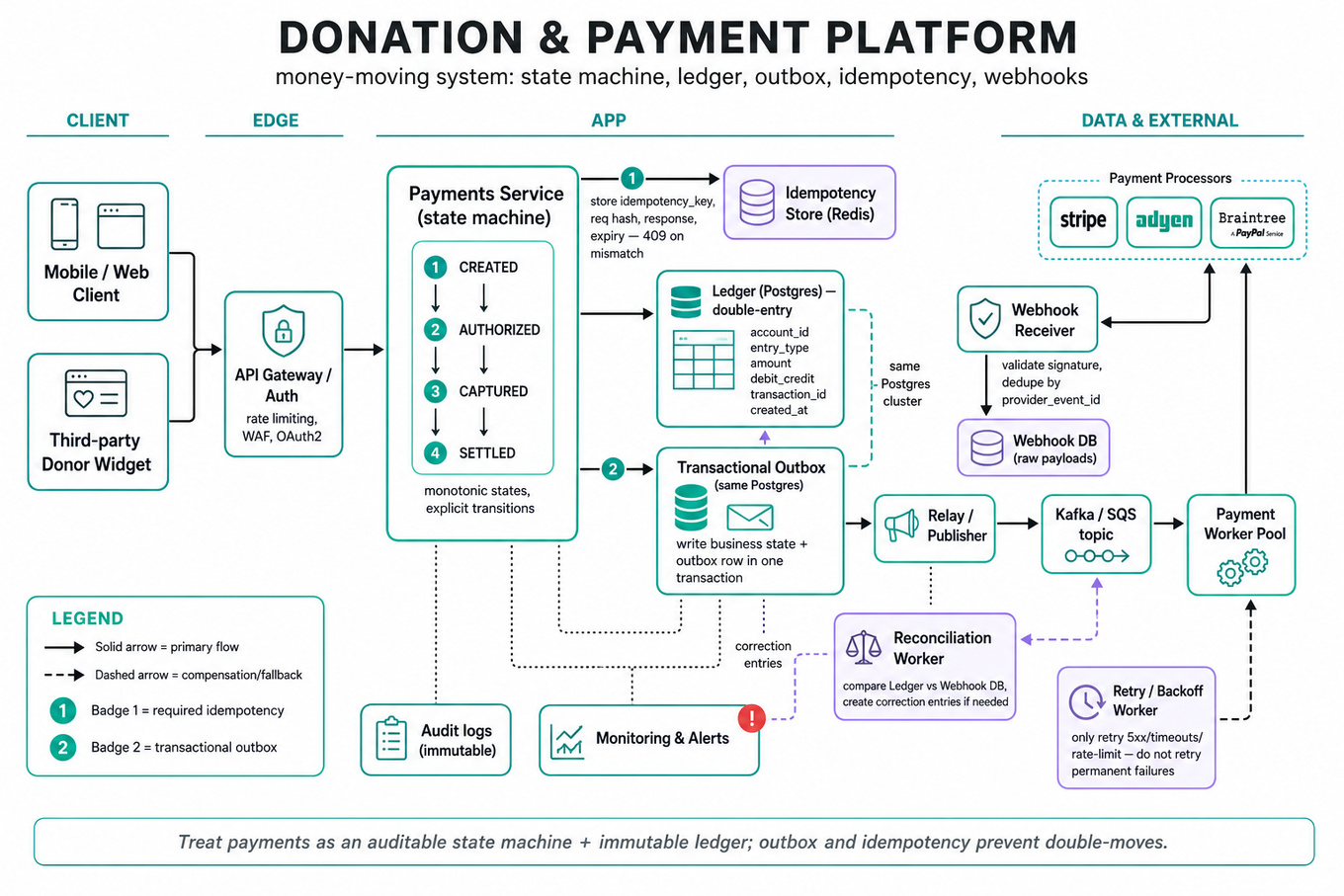 Landscape editorial infographic architecture: client → API gateway → Payments Service (state machine) → Ledger DB + Transactional outbox → Relay → Kafka/SQS → Payment processor. Also shows idempotency store, webhook receiver, reconciliation worker, retry worker, monitoring and audit logs.