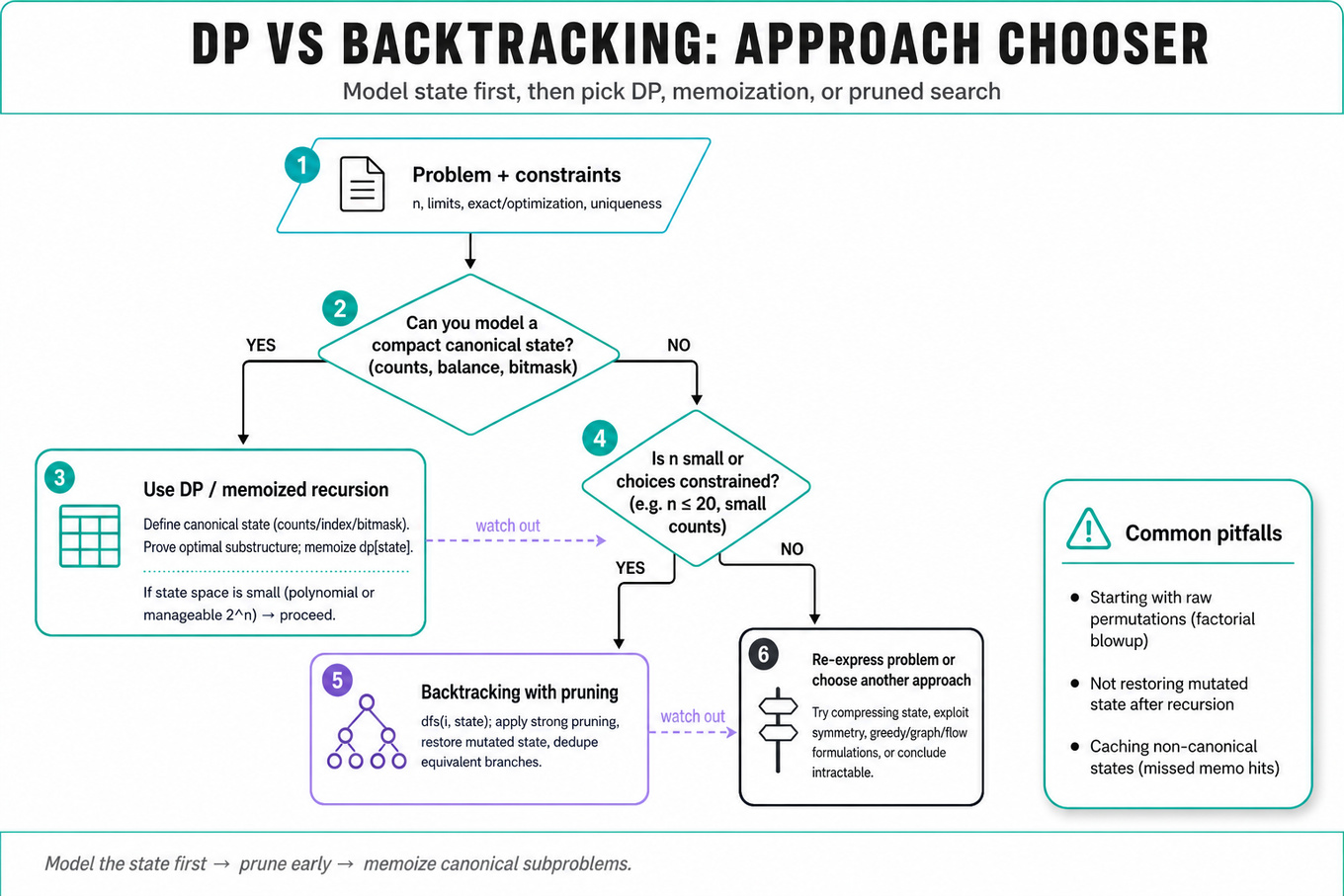 Top-to-bottom decision flowchart to choose between dynamic programming and backtracking: input node, decision diamonds, action rectangles for DP, backtracking, re-modeling, and a side pitfalls card; teal & purple accents.