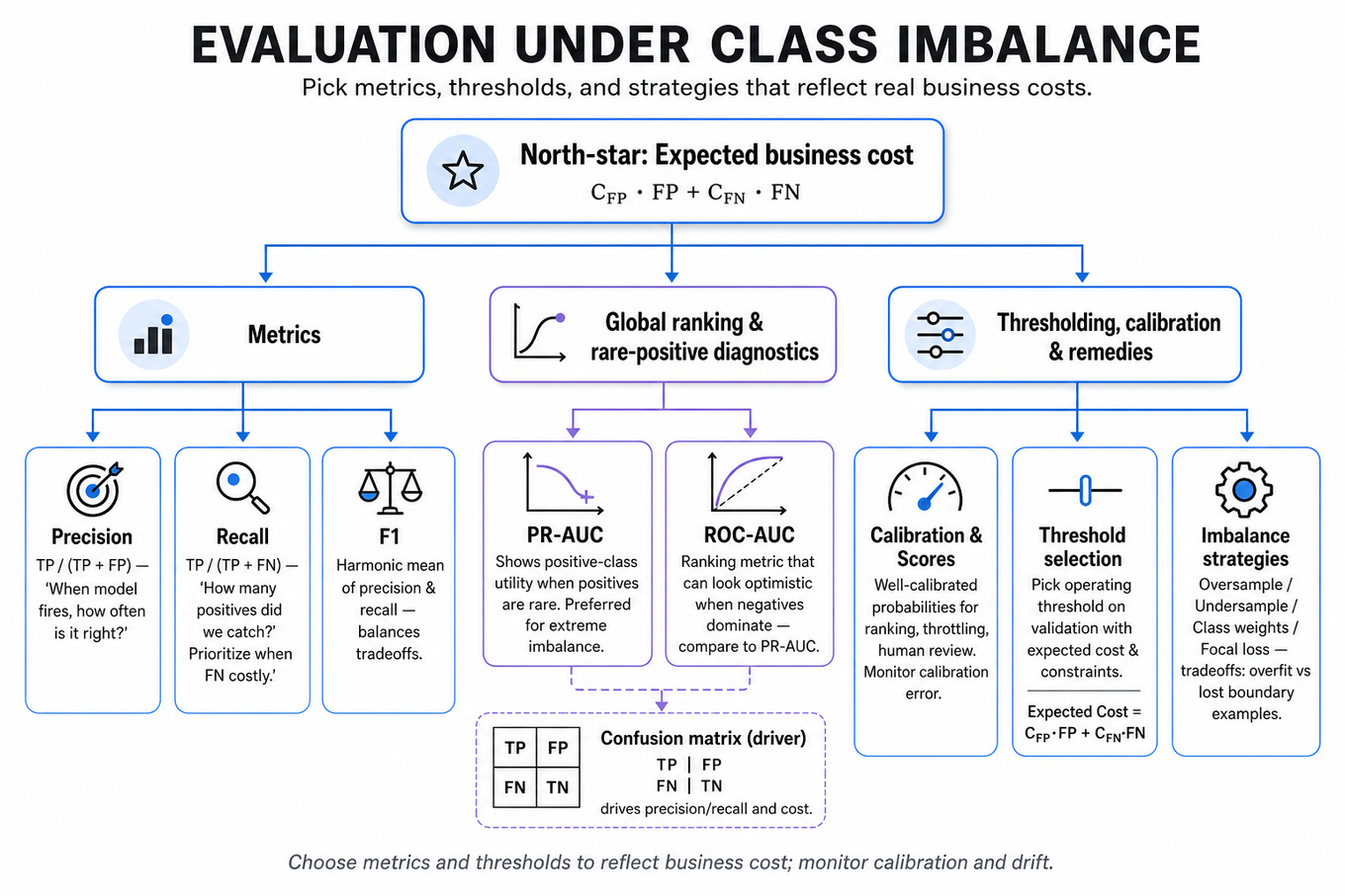 Hierarchical metric tree: top node 'North‑star: Expected cost (C_FP·FP + C_FN·FN)' branching to three areas — Metrics, Threshold & Calibration, Class‑imbalance strategies — with specific metric formulas and short tradeoffs.