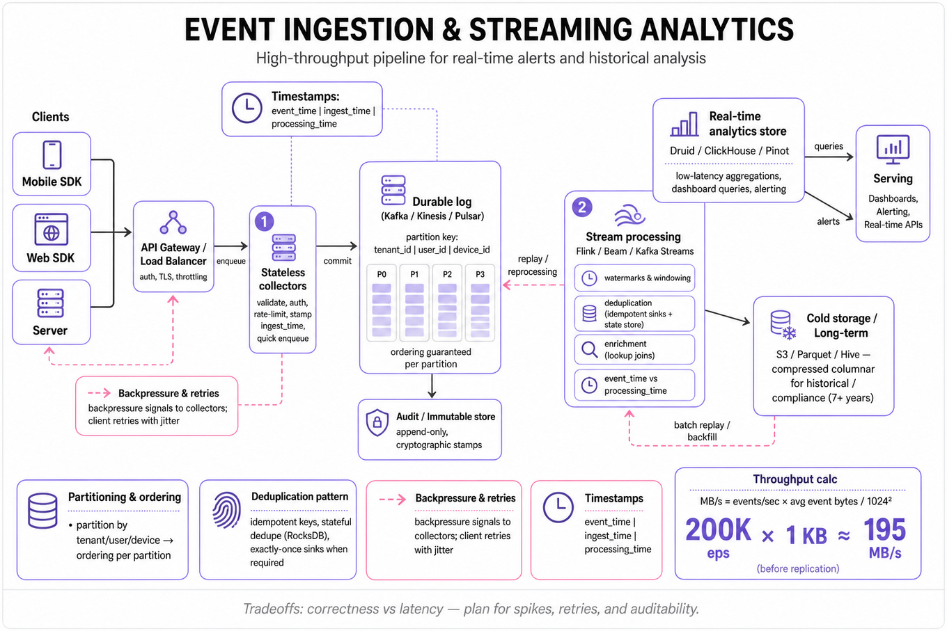Left-to-right architecture infographic showing clients → API Gateway → collectors → durable log (Kafka) → stream processing (dedupe, enrichment, windowing) → real-time DB, cold storage, and serving for dashboards/alerts; backpressure and reprocessing arrows.