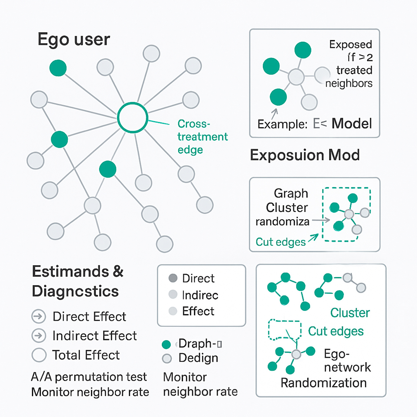 Clean diagram of a social graph showing treated vs control nodes, cluster randomization, an ego network exposure example, and estimand labels (direct, indirect, total effects).