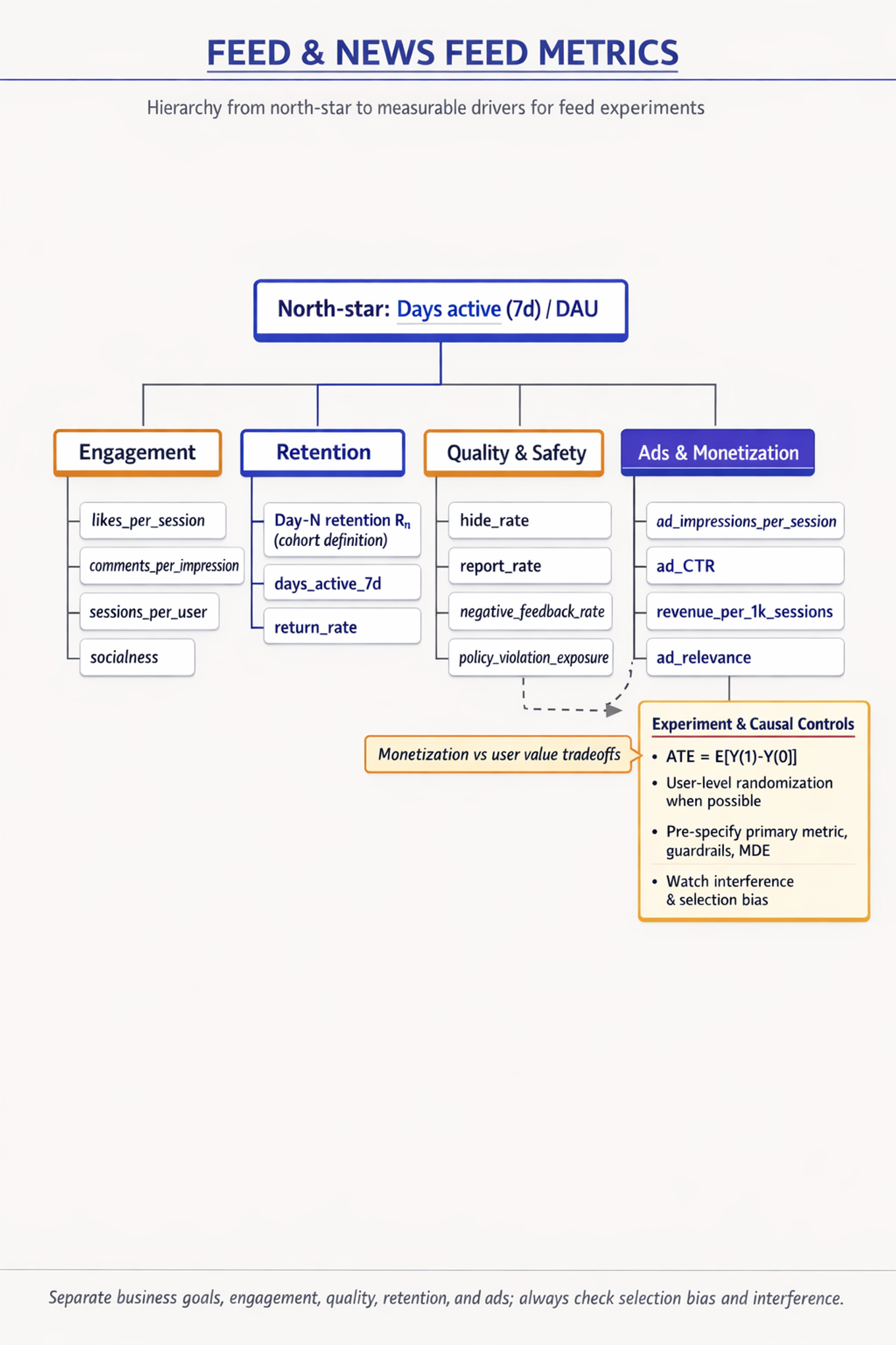 Vertical metric tree for Feed & News Feed Analytics: top node 'North‑star: Days active (7d) / DAU' branching to Engagement, Retention, Quality & Safety, Ads & Monetization, plus an amber experiment/causal controls callout.