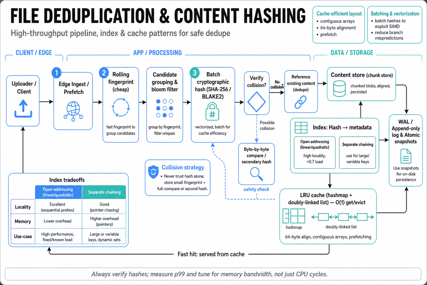 Clean architecture infographic of a file deduplication pipeline: ingest → fast fingerprint → candidate grouping → crypto verification → content store; index and LRU cache shown, with collision-check and WAL callouts.