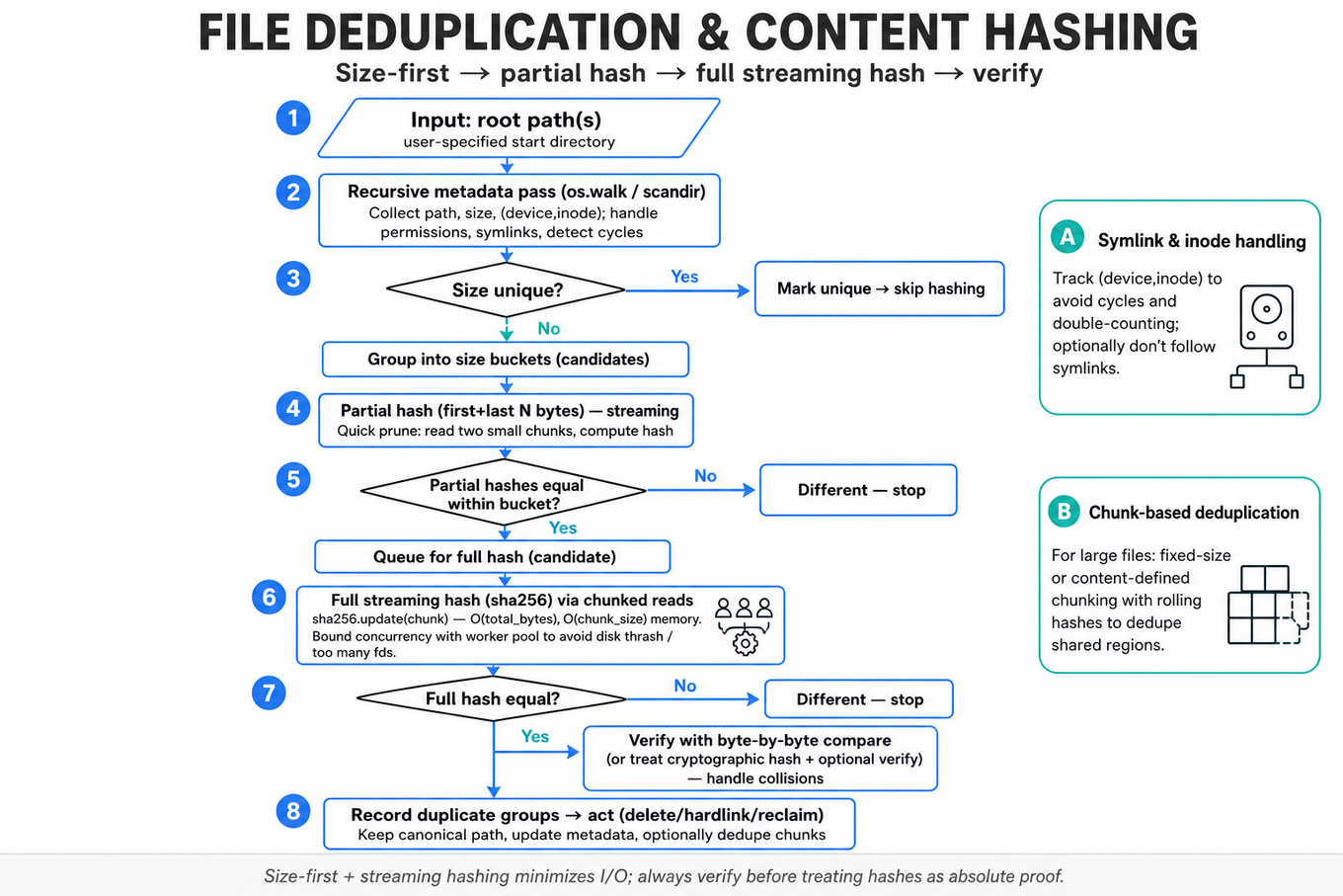 Top-to-bottom decision flowchart of a file deduplication pipeline: scan root, metadata pass (size, inode), size bucketing, partial hash, full streaming hash with a bounded worker pool, byte-by-byte verification, and final duplicate actions; side note cards on symlink handling and chunk-based dedupe.