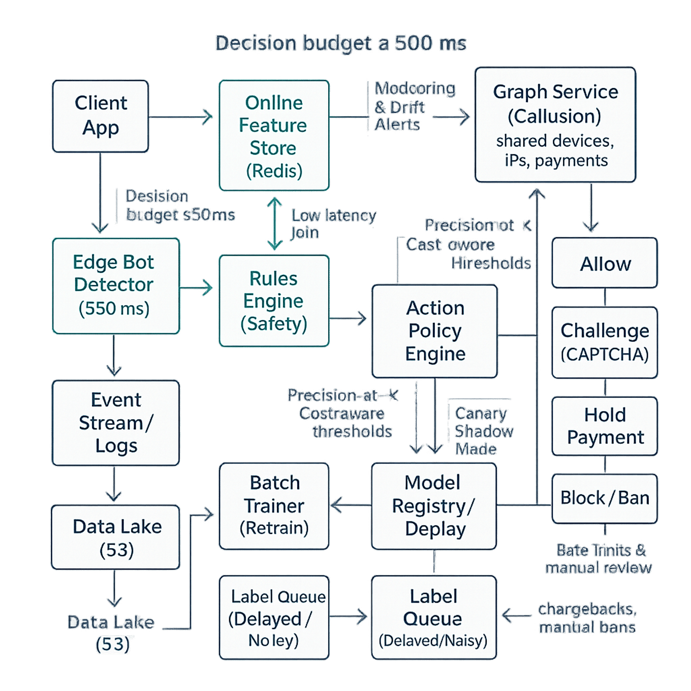 Clean system architecture diagram for fraud and bot detection showing client → edge detector → API → online feature store → real-time scorer → action policy → decisions, plus offline trainer, graph service, label feedback, and monitoring.