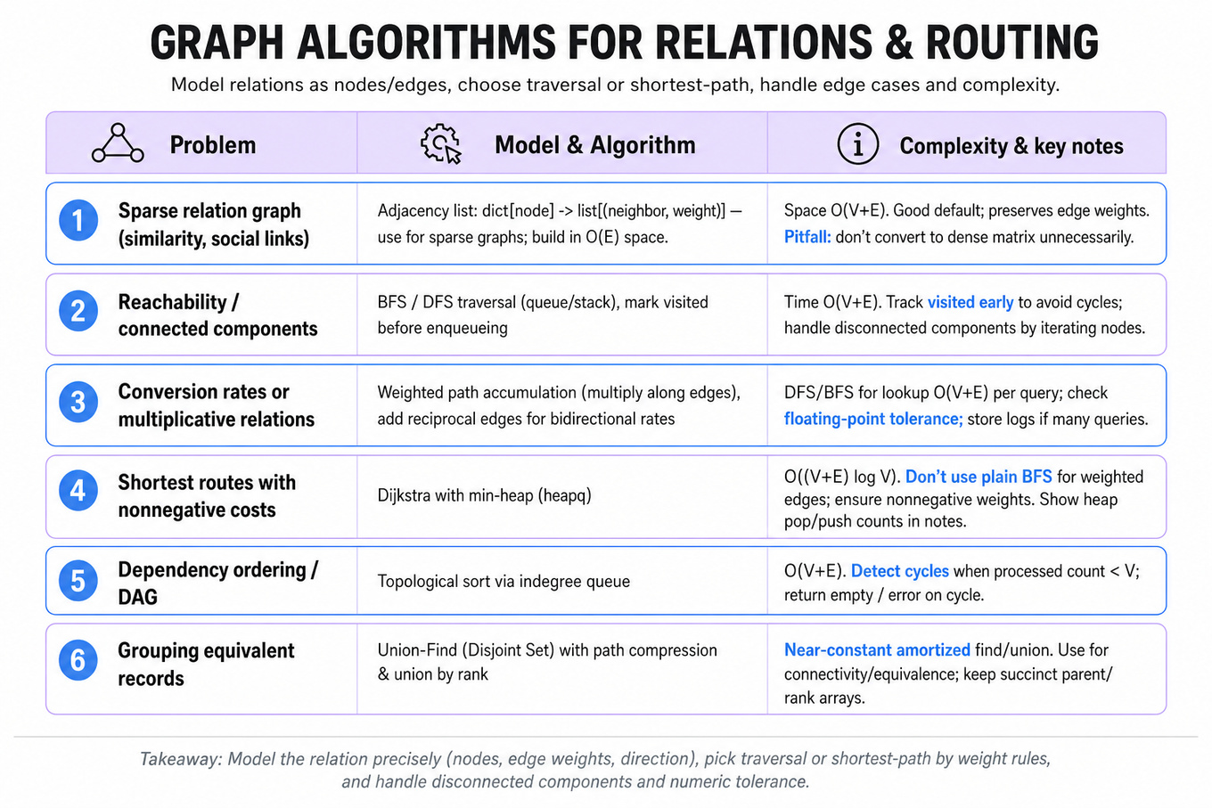 Three-column editorial infographic table comparing graph modeling patterns: Problem, Model & Algorithm, Complexity & Notes, with header band and a one-line takeaway footer.