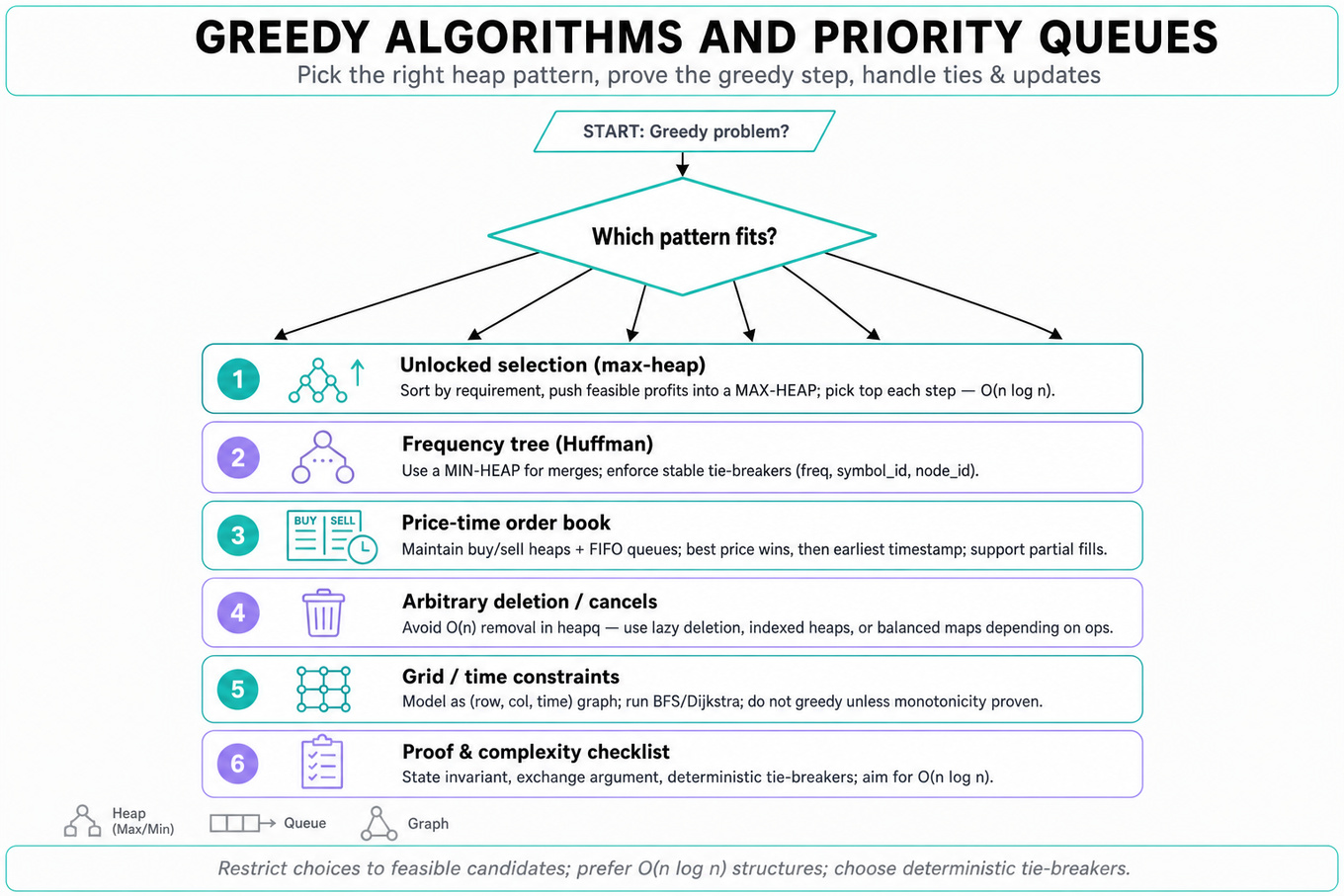 Top-to-bottom decision flowchart for greedy algorithm patterns and which priority-queue/data-structure strategy to use (max-heap, min-heap/Huffman, order-book heuristics, deletion workarounds, grid-time modeling, proof/perf checklist).