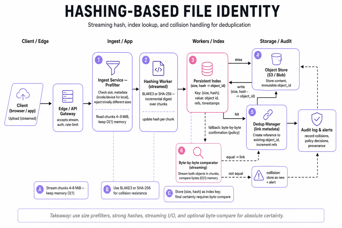Architecture diagram showing client upload -> edge/API -> ingest service (prefilter) -> hashing worker -> index lookup -> object store or dedupe path, with dashed fallback to byte-by-byte comparator and collision alert.