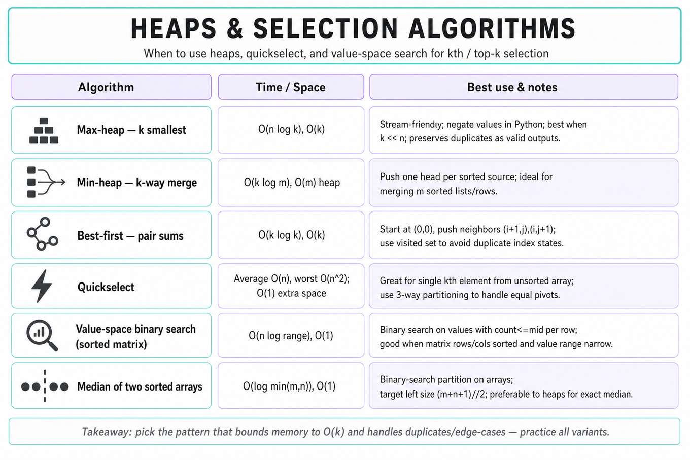 Three-column comparison table of selection algorithms (Max-heap k smallest, Min-heap k-way merge, Best-first pair sums, Quickselect, Value-space binary search for matrix, Median of two sorted arrays) with complexities and notes.