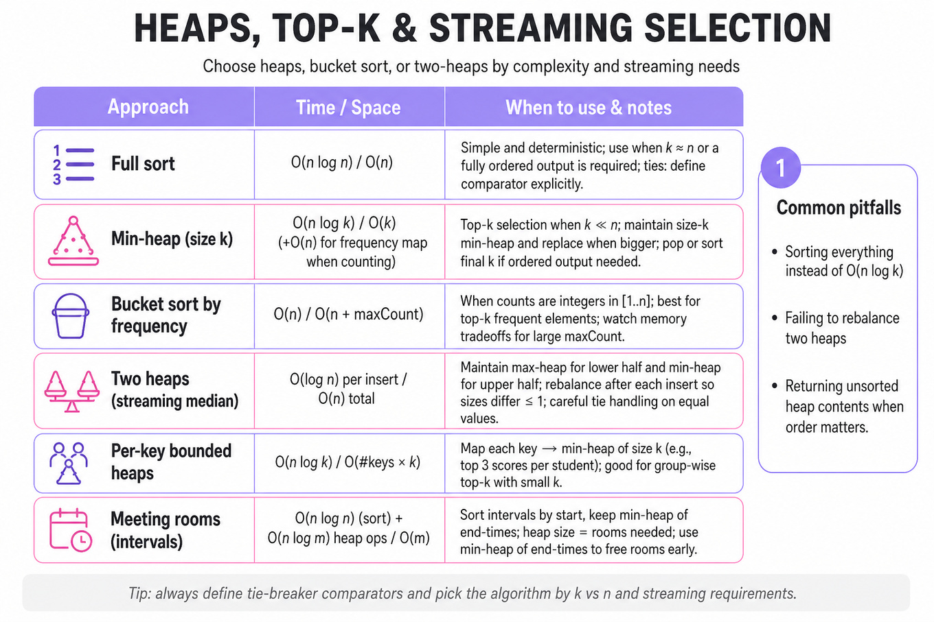 3-column comparison table of methods: Full sort, Min-heap (k), Bucket sort, Two-heaps median, Per-key heaps, Meeting-rooms heap — complexities, when to use, and notes.
