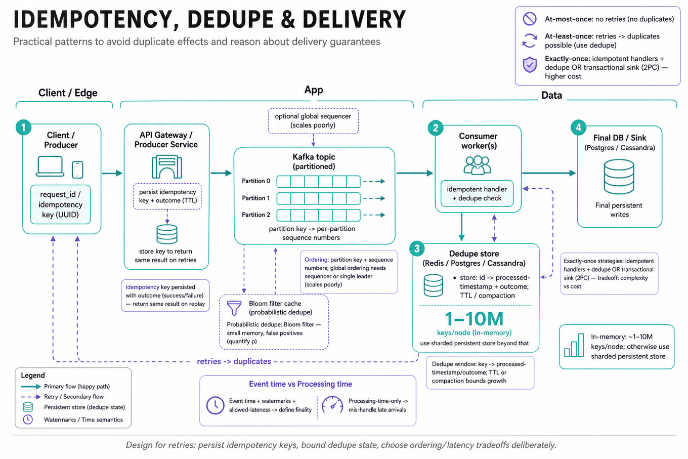 Left-to-right architecture infographic showing client/producer -> API gateway (idempotency key) -> Kafka topic (partitioned, optional sequencer) -> consumer workers + dedupe store (Redis/Postgres/Cassandra, TTL) -> final DB. Callouts for delivery semantics (at-most/at-least/exactly-once), ordering, 