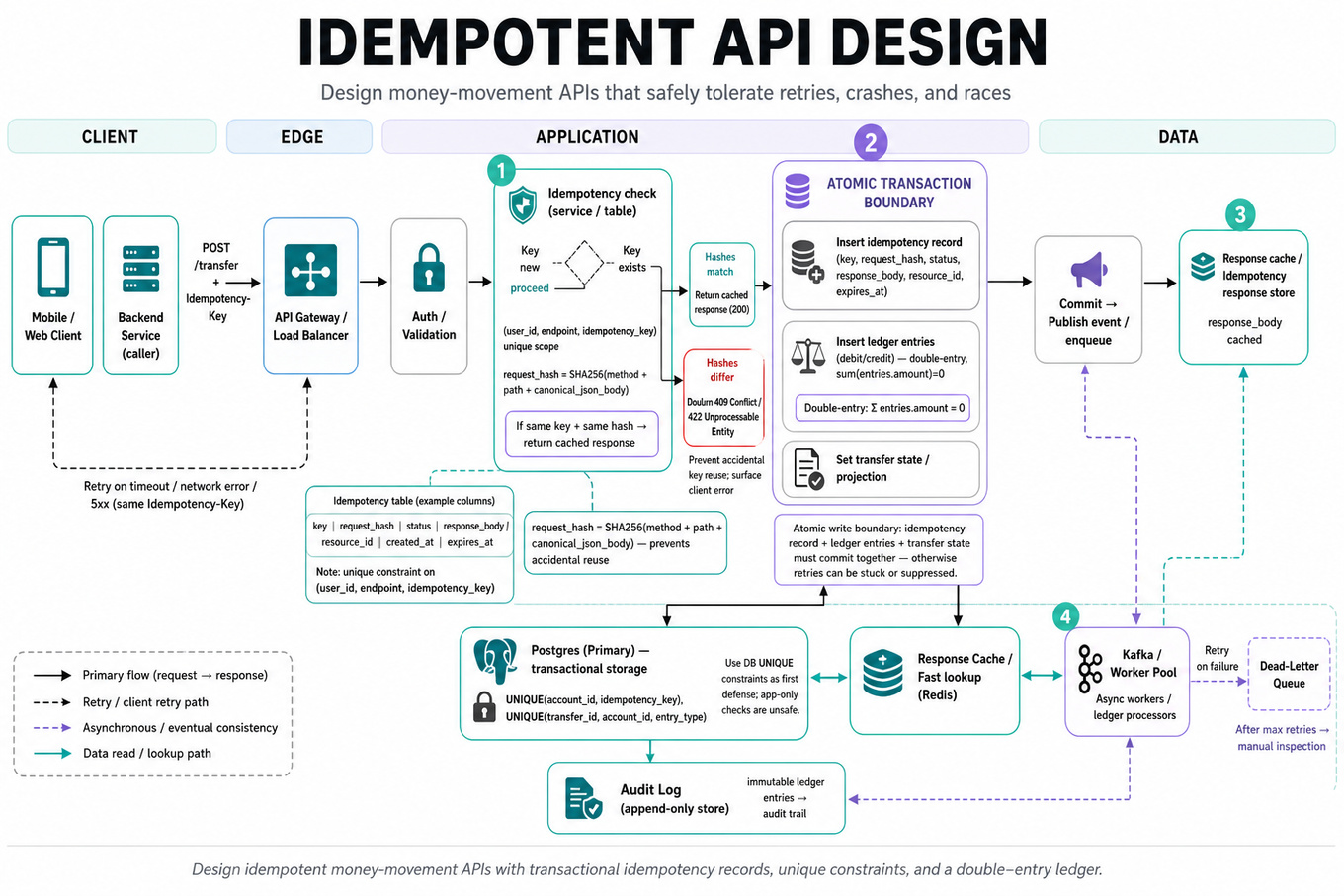 Landscape infographic: boxes-and-arrows architecture showing idempotent API lifecycle — client → API gateway → app → atomic Postgres transaction (idempotency record + ledger entries) → response cache; retry and conflict paths noted.